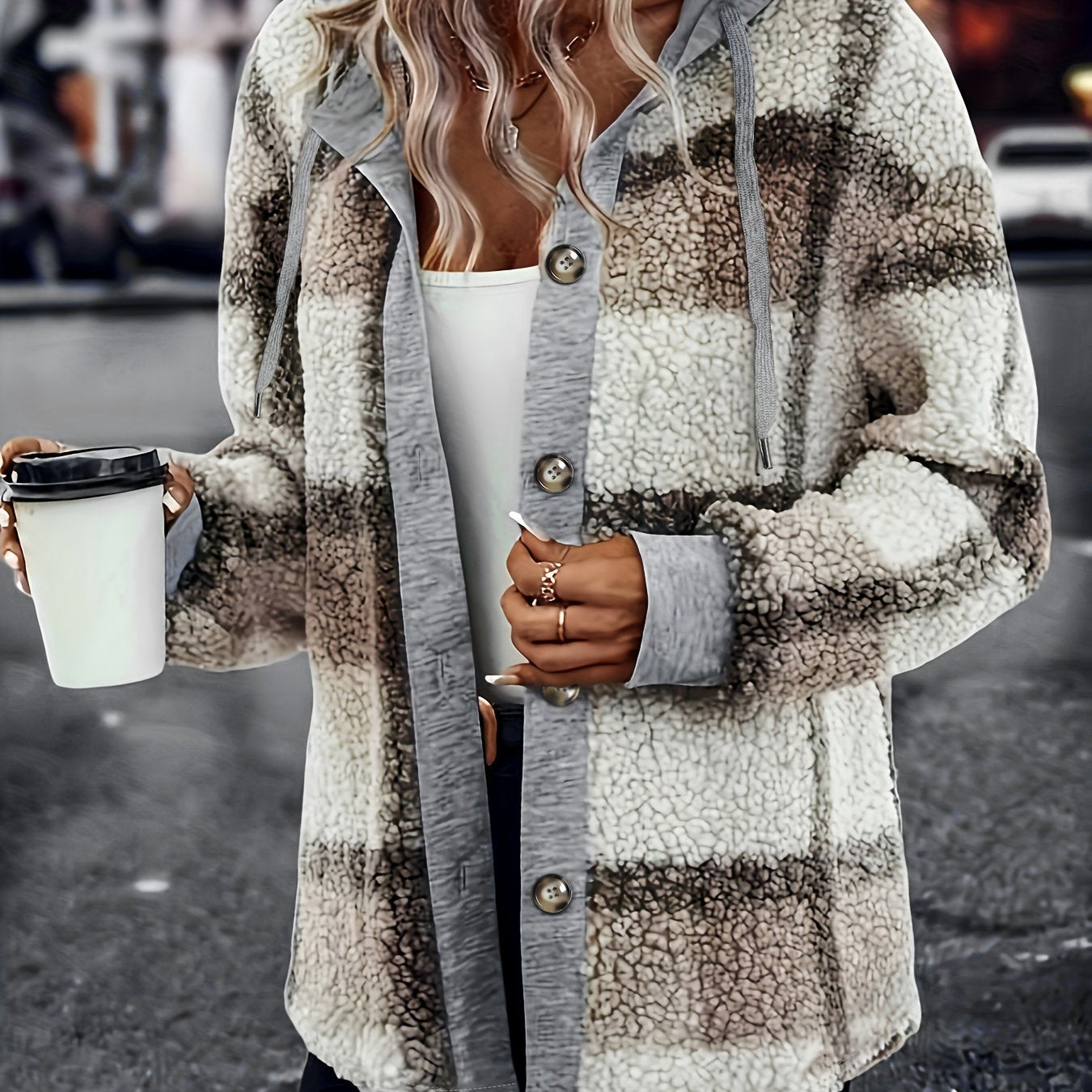 Sixsr Plaid Pattern Hooded Coat, Casual Button Front Drawstring Long Sleeve Outerwear, Women's Clothing