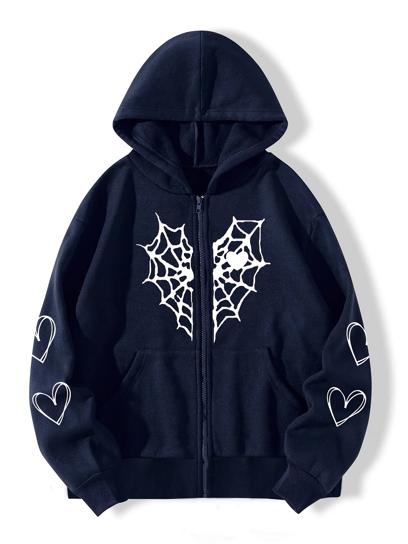 Sixsr Spider Web Heart-shaped Print Drawstring Loose Hoodies, Casual Zipper Hooded Pocket Fashion Long Sleeve Sweatshirt, Women's Clothing