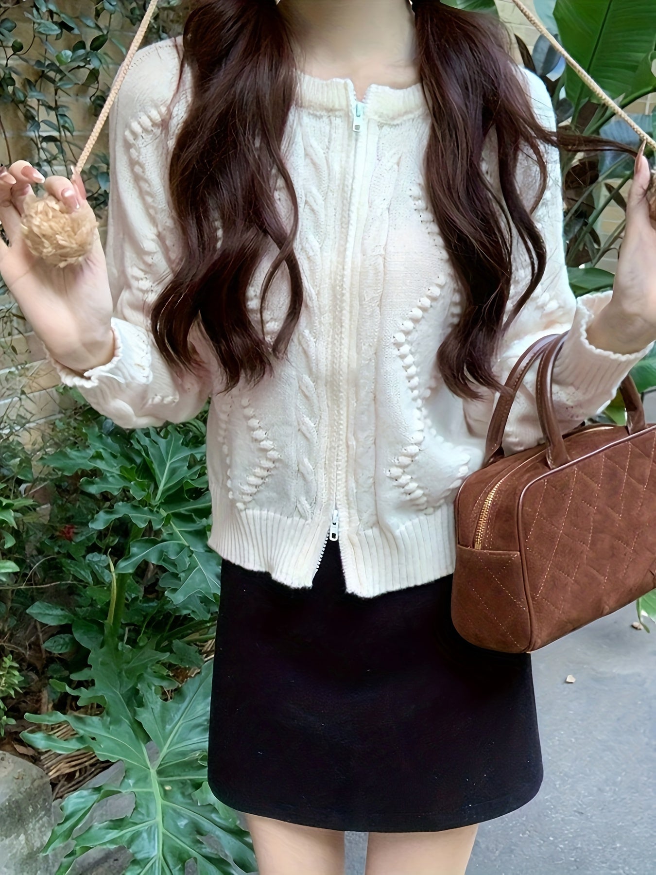 Sixsr Solid Zip Up Cable Knit Cardigan, Casual Long Sleeve Sweater For Spring & Fall, Women's Clothing