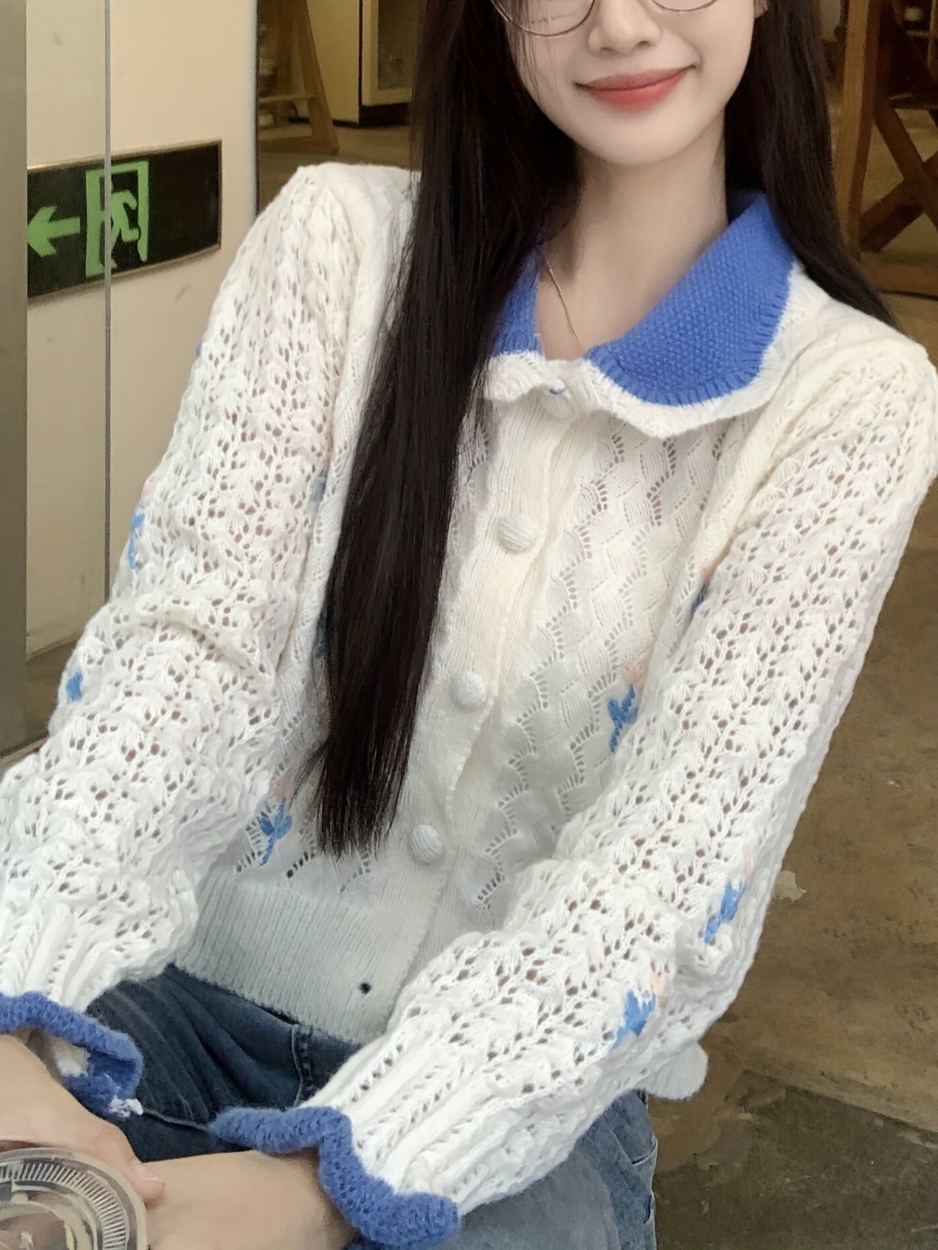 Sixsr Color Block Button Front Cardigan, Long Sleeve Pointelle Knit Cardigan, Women's Clothing