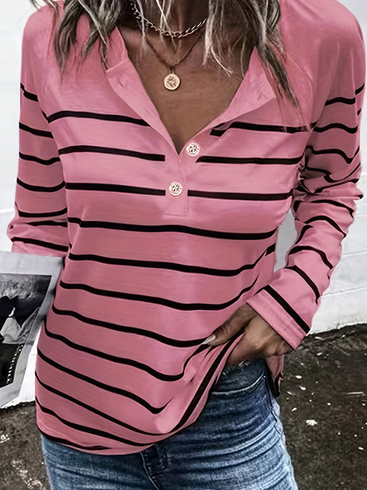 Sixsr Plus Size Casual Top, Women's Plus Stripe Print Long Sleeve Round Neck Slight Stretch Henley Top