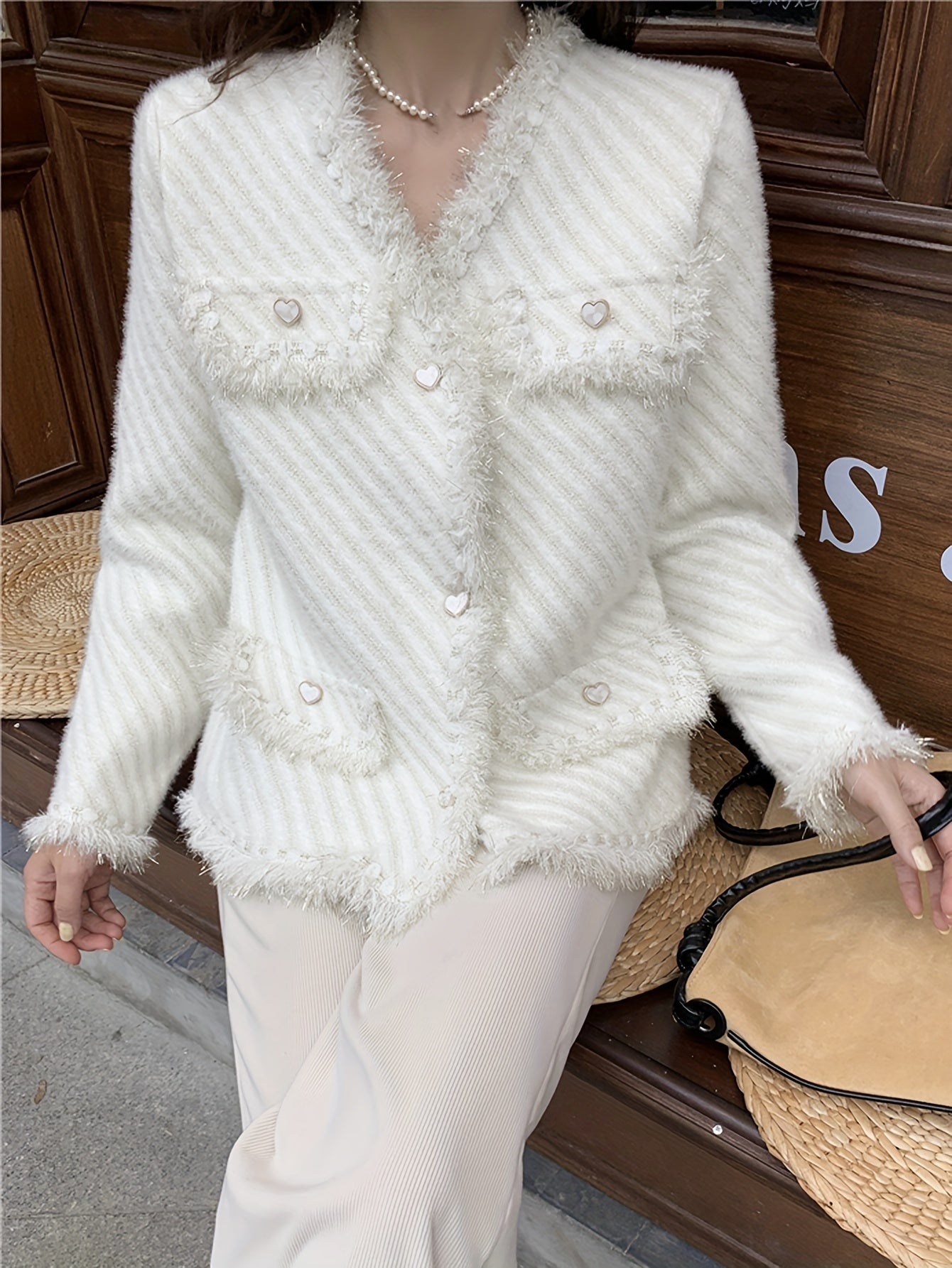 Sixsr Solid Button Front Tassel Cardigan, Elegant Long Sleeve Drop Shoulder Outwear, Women's Clothing