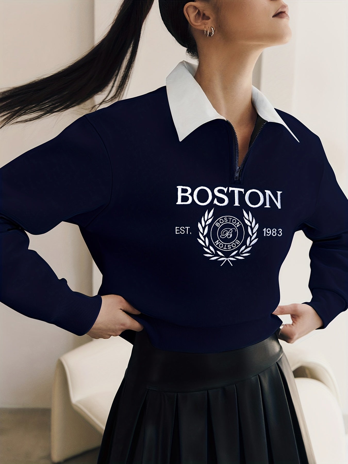 Sixsr Boston Print Zip Sweatshirt, Casual Long Sleeve Polo Collar Sweatshirt, Women's Clothing