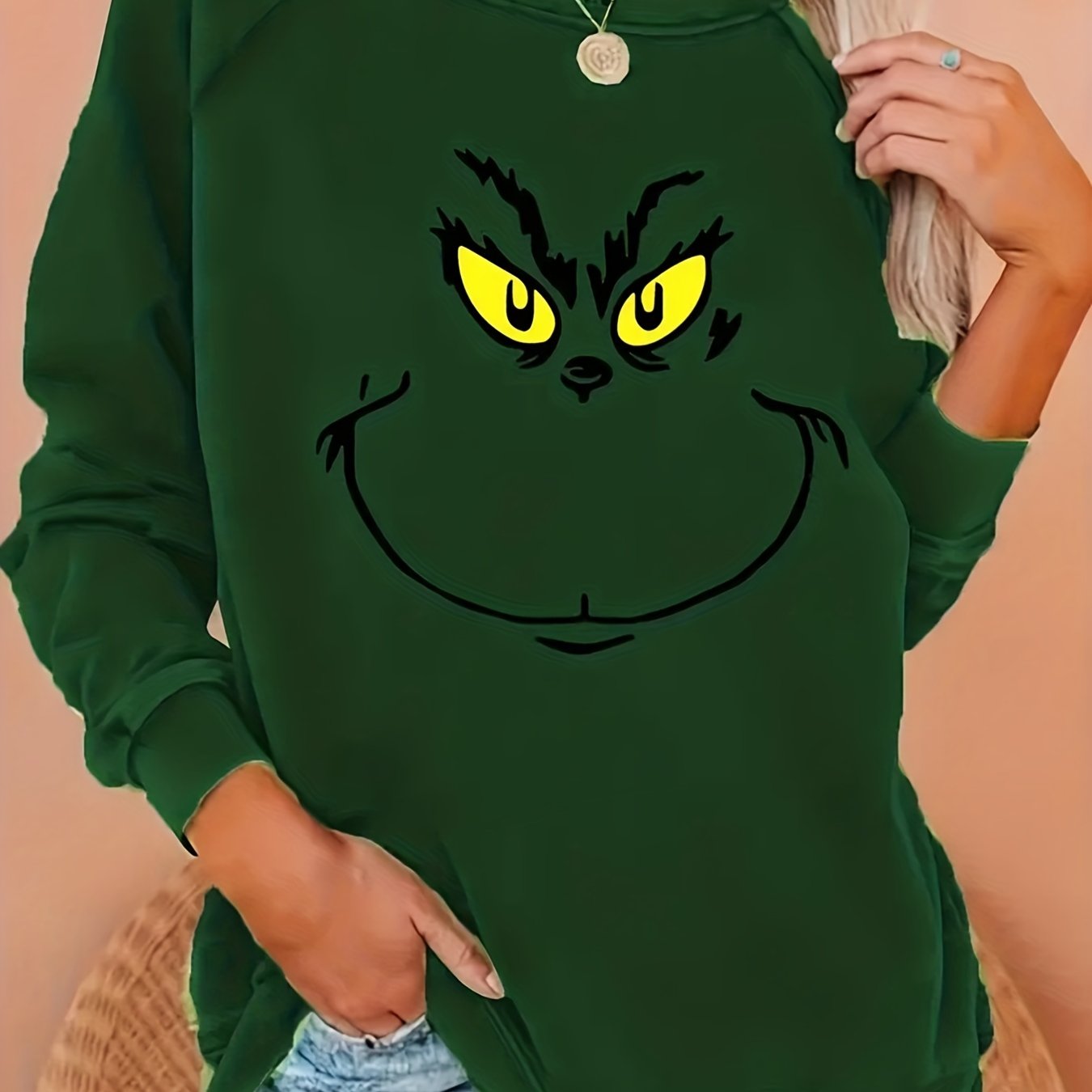 Sixsr Plus Size Casual Sweatshirt, Women's Plus Funny Cartoon Print Long Sleeve Round Neck Medium Stretch Sweatshirt