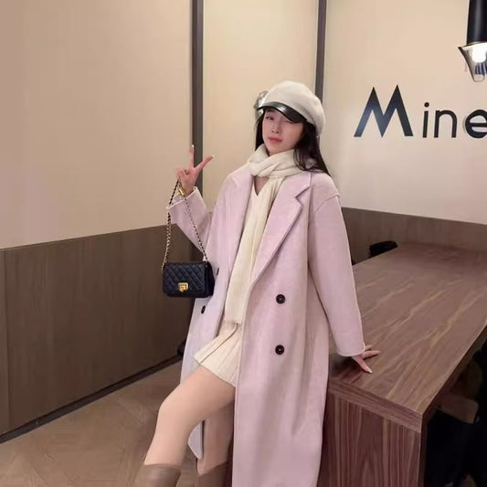 Sixsr  Trends Hot Sale Casual Autumn Women Commuter Pocket Jacket Elegant Double Breasted Straight Outerwear Fashion Lapel Solid New Long Sleeve Coats