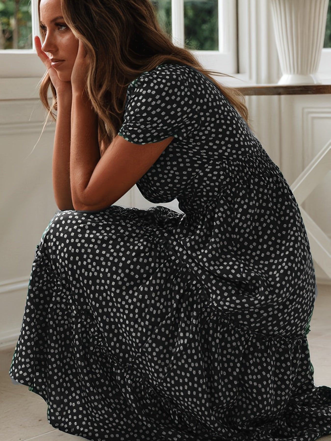 Sixsr Floral Print Square Neck Dress, Boho Puff Sleeve High Waist Tiered Flowy Summer Maxi Dresses, Women's Clothing