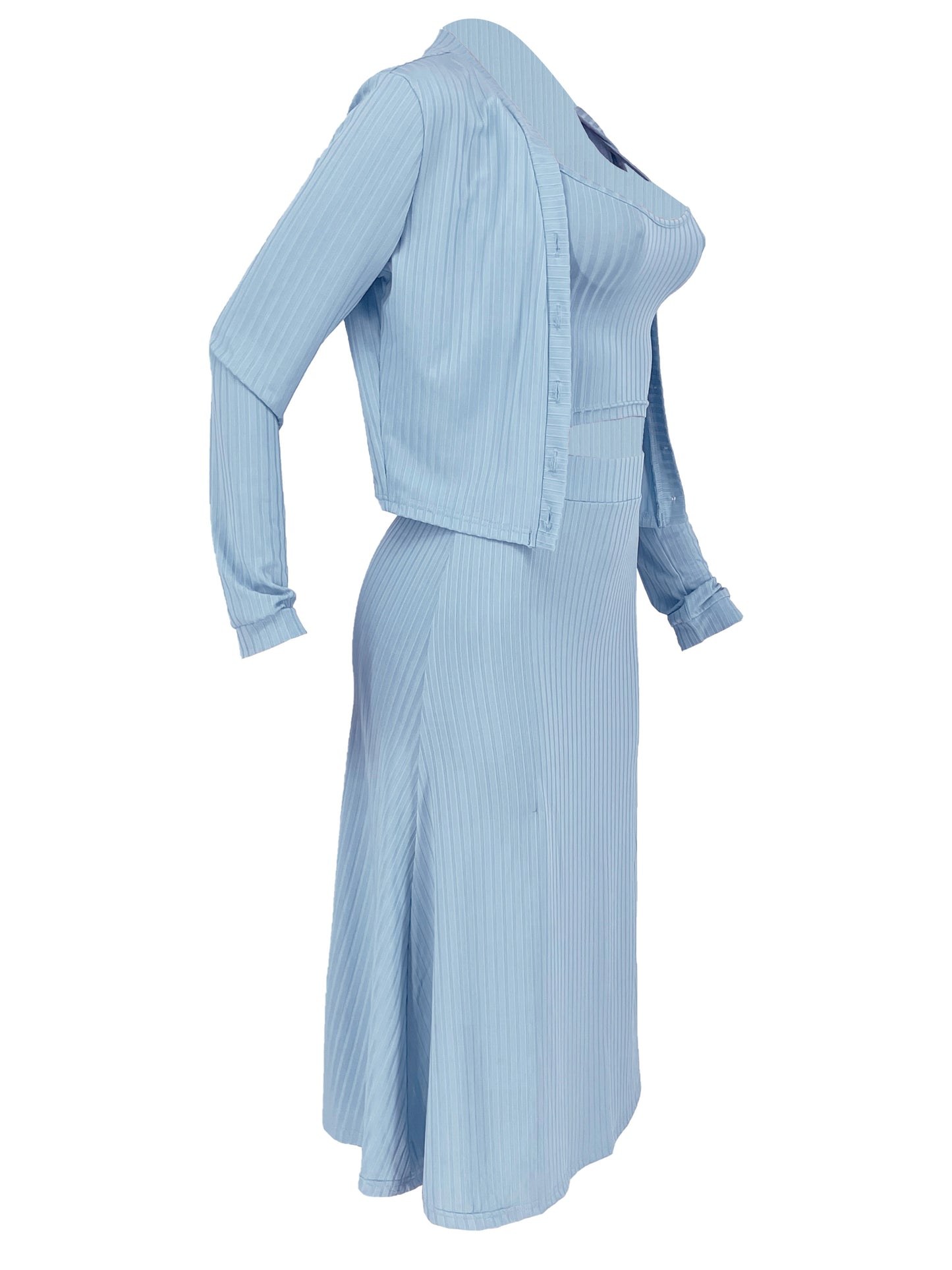 Sixsr Solid Casual Three-piece Set, Button Front Long Sleeve Tops & Crew Neck Tank Top & Bag Hip Skirts Outfits, Women's Clothing