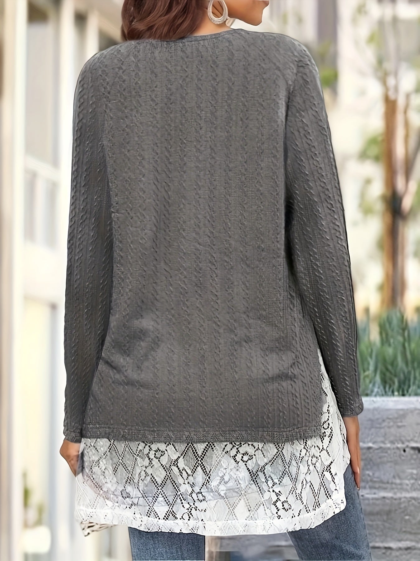 Sixsr Plus Size Casual Knit Top, Women's Plus Colorblock Contrast Lace Button Decor Jacquard Long Sleeve Round Neck Knit Top