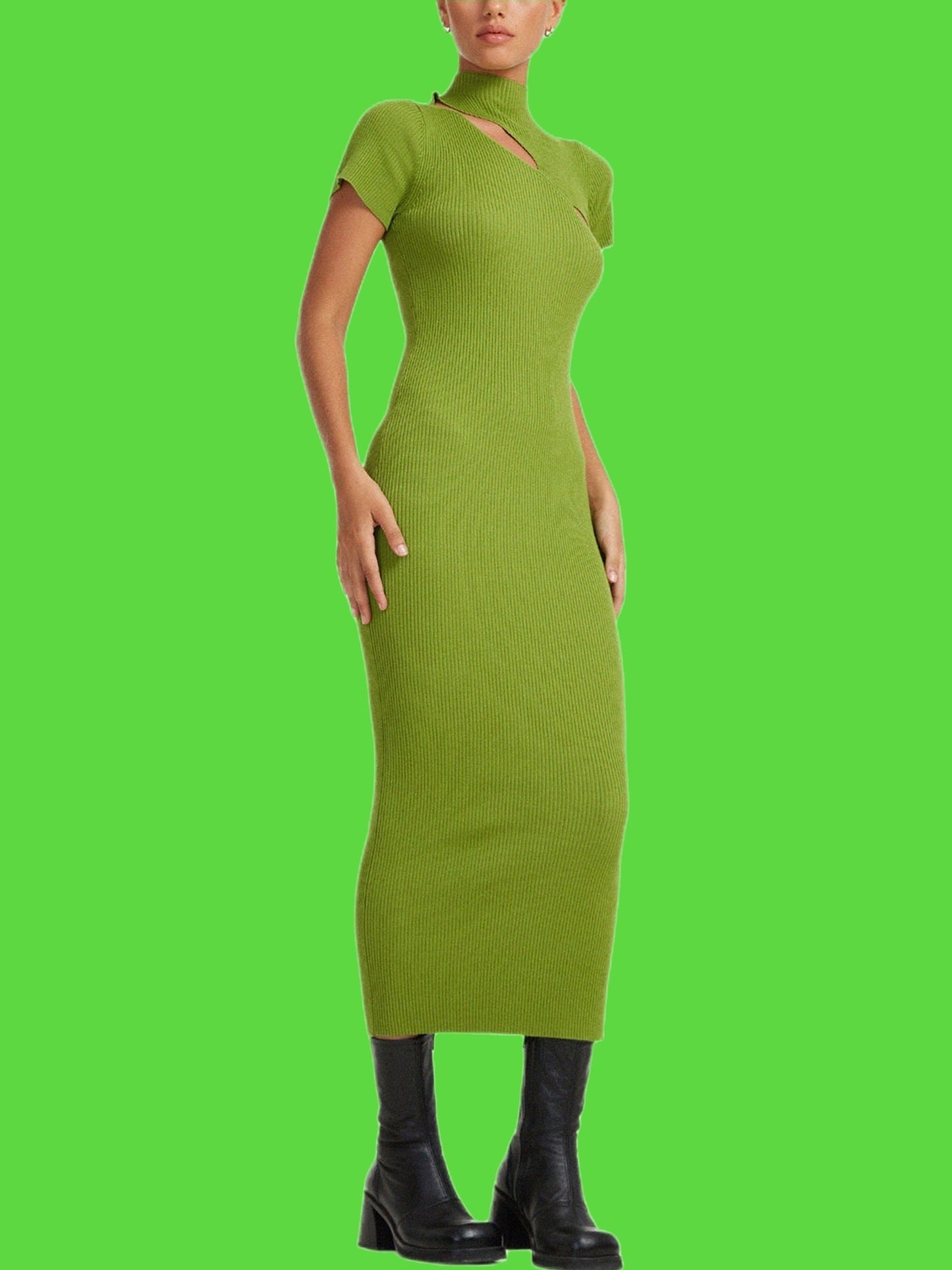 Sixsr Women's Dresses Sexy Casual Short Sleeve High Neck Hollowed Slim Fit Solid Bodycon Long Dress