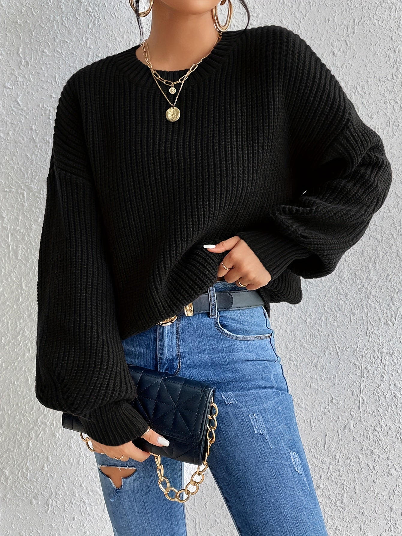 Sixsr Solid Crew Neck Pullover Sweater, Casual Long Sleeve Sweater For Fall & Winter, Women's Clothing