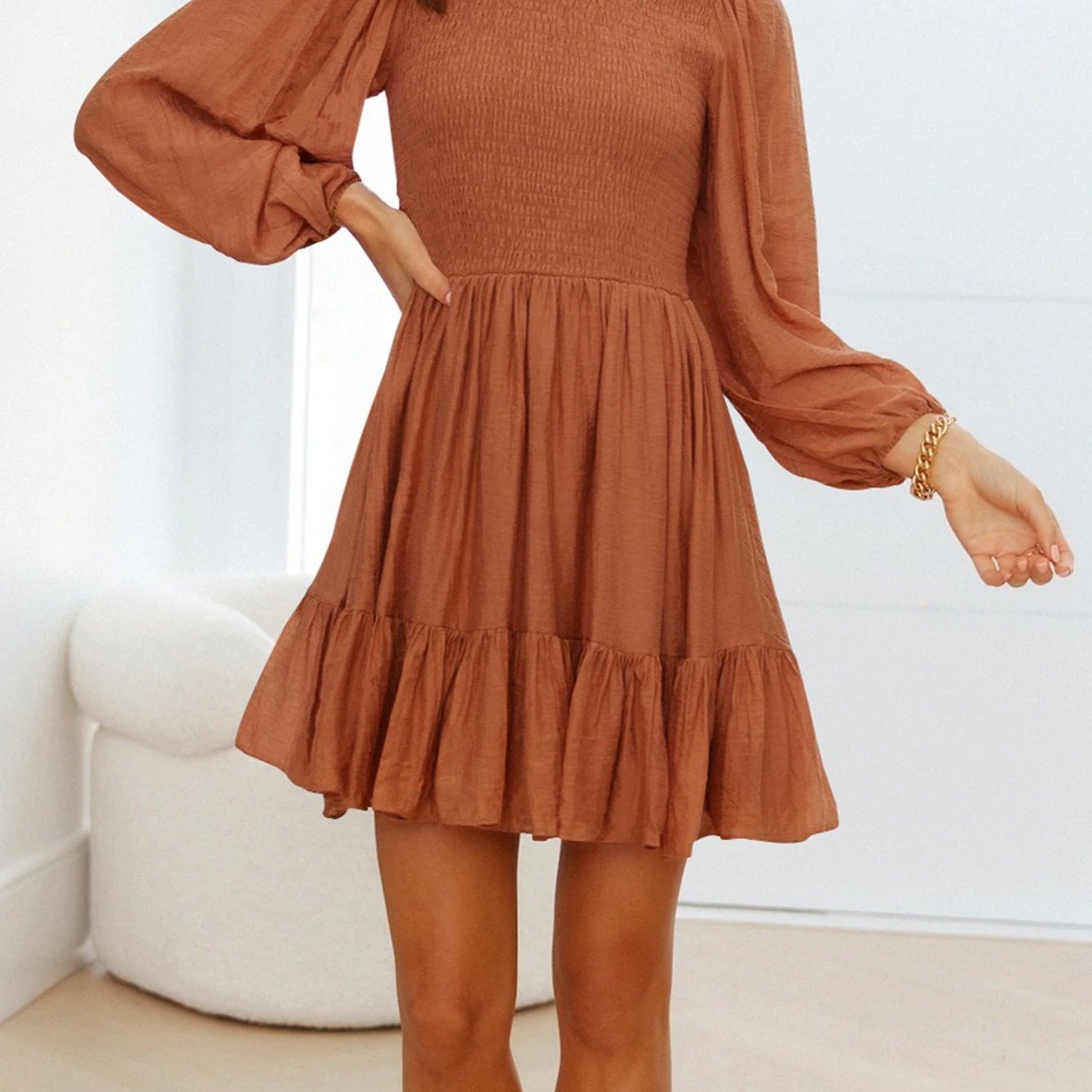 Sixsr Women's Dresses Casual Pleated Lantern Long Sleeve Solid Crew Neck Ruffle Fashion Summer Loose Dresses