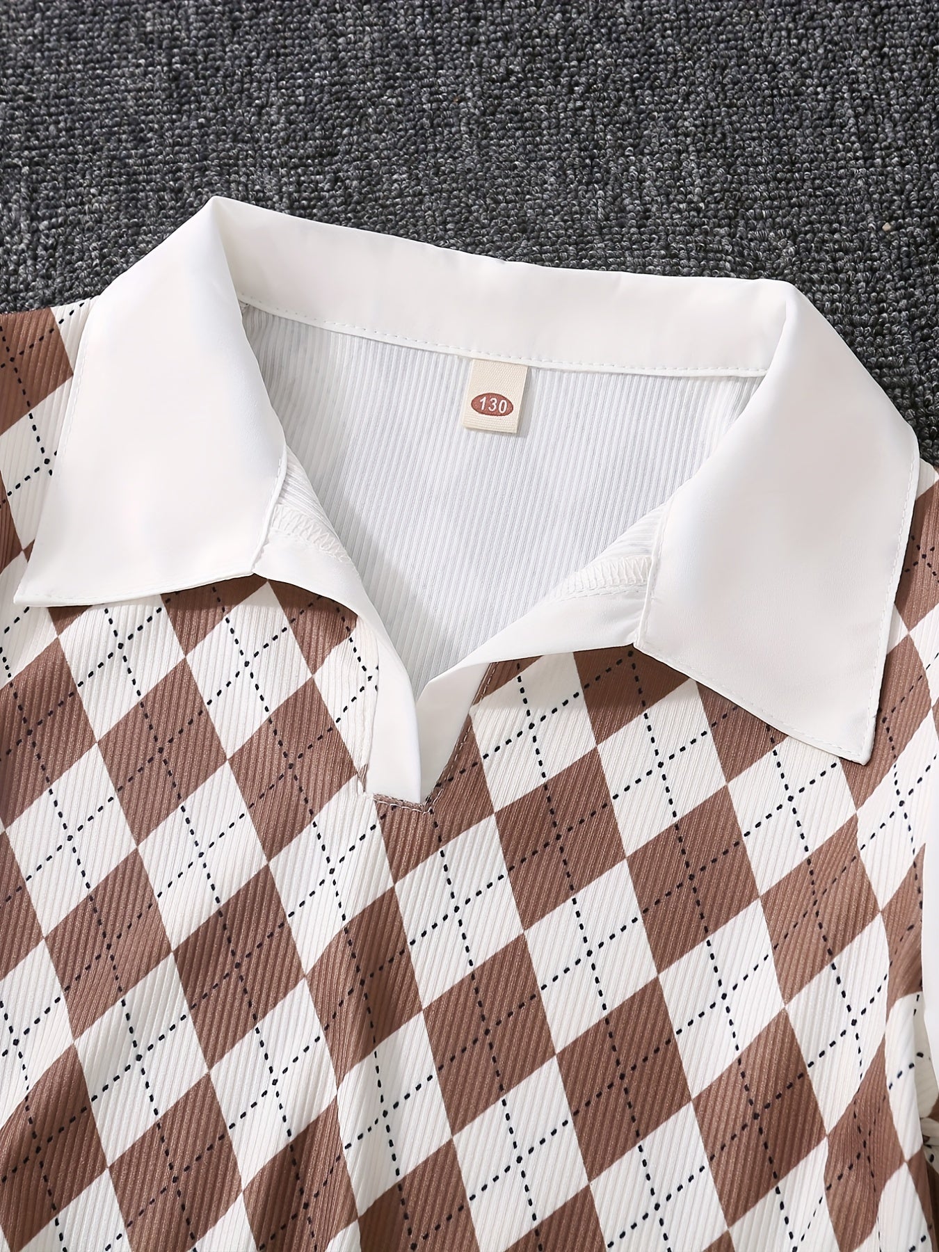 Sixsr Kids/Teen Girls Argyle Splicing Collar V-Neck Shirt For School Daily