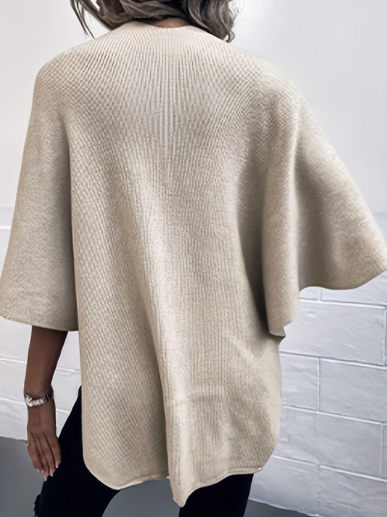 Fluffy Cape Cardigan, Casual V Neck Solid Knit Sweater, Women's Clothing
