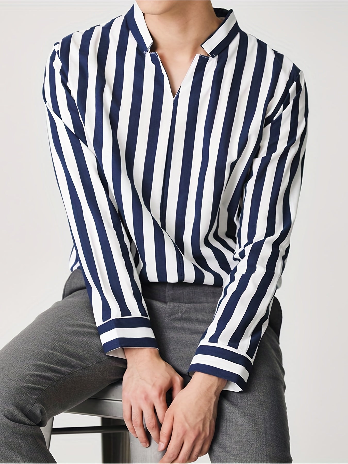 Sixsr Men's Casual Stripe V Neck Long Sleeve Shirt With No Button, Male Clothes For Spring And Summer