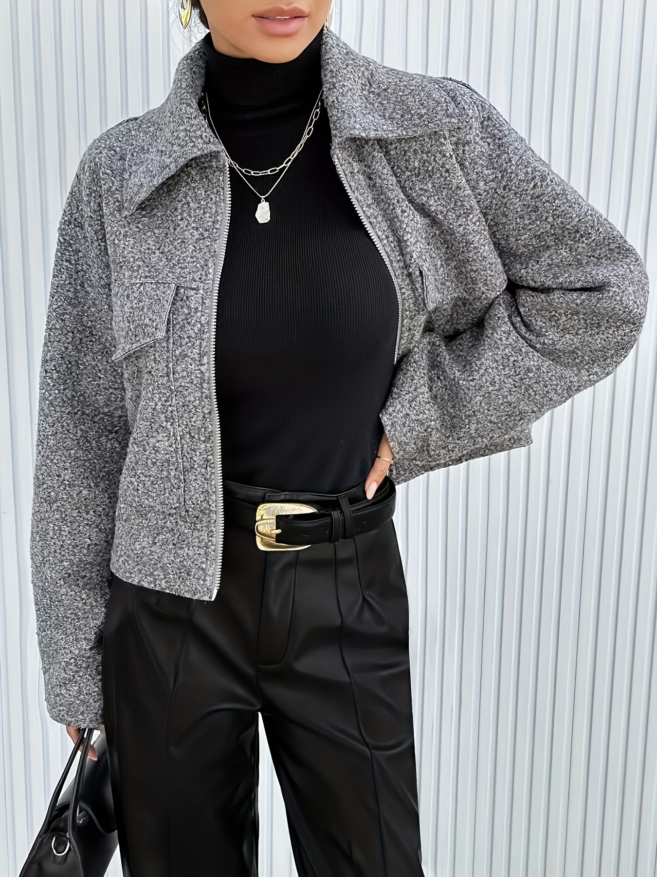 Sixsr Solid Flap Pockets Zipper Jacket, Versatile Drop Shoulder Long Sleeve Outwear For Fall & Winter, Women's Clothing