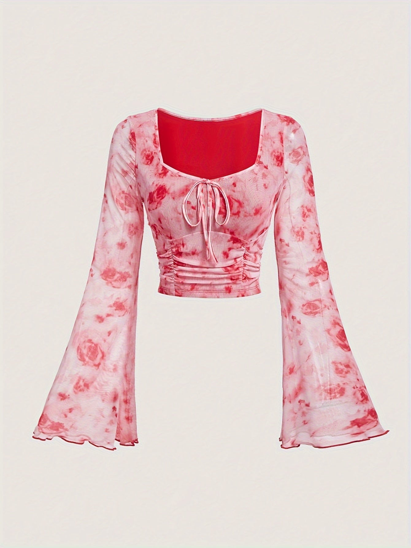 Sixsr Tie Dye Print Tie Front Ruched T-Shirt, Casual Long Flare Sleeve Top For Spring & Fall, Women's Clothing