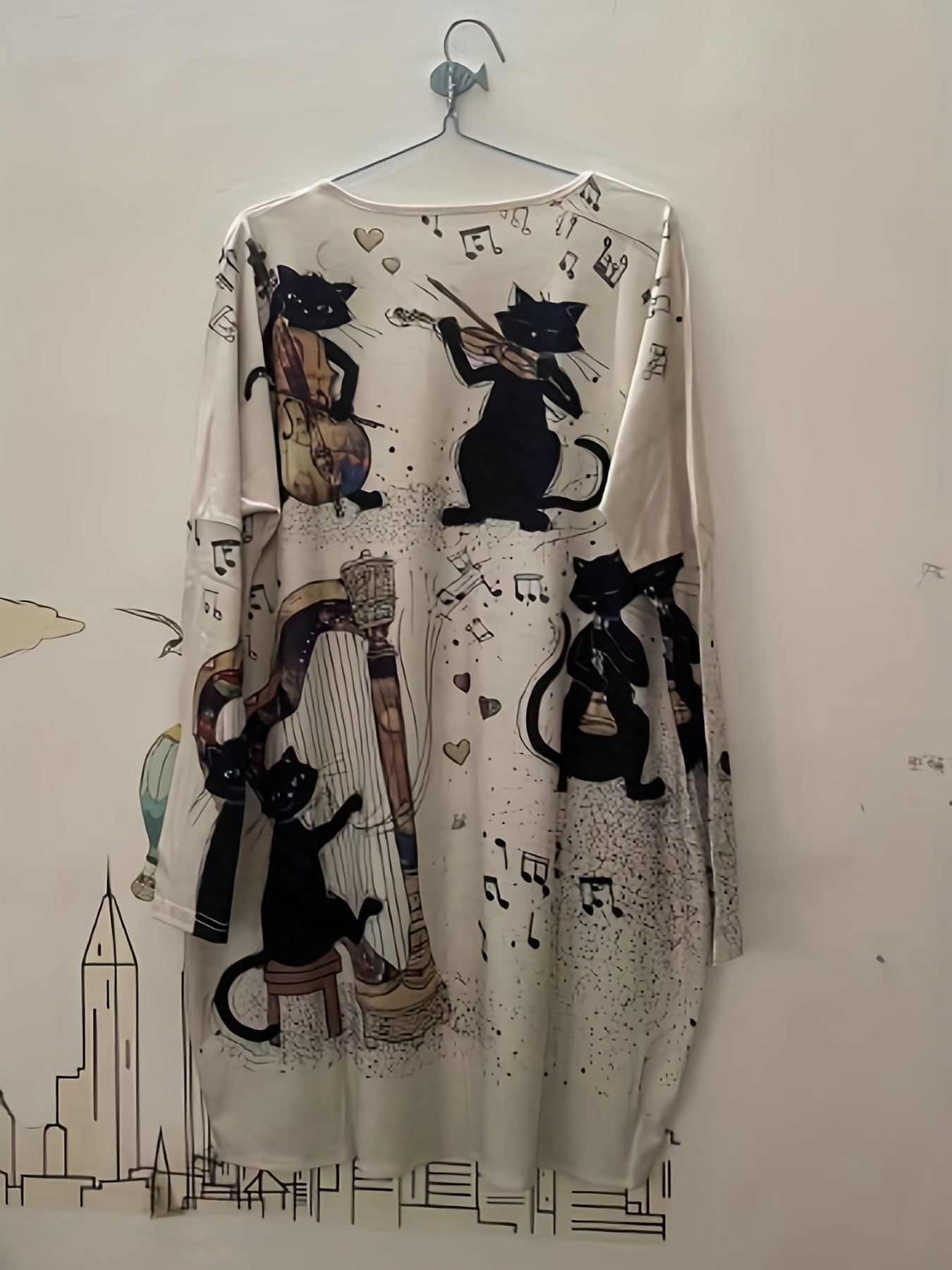 Sixsr Cat Print Dual Pockets Dress, Casual V Neck Long Sleeve Dress, Women's Clothing