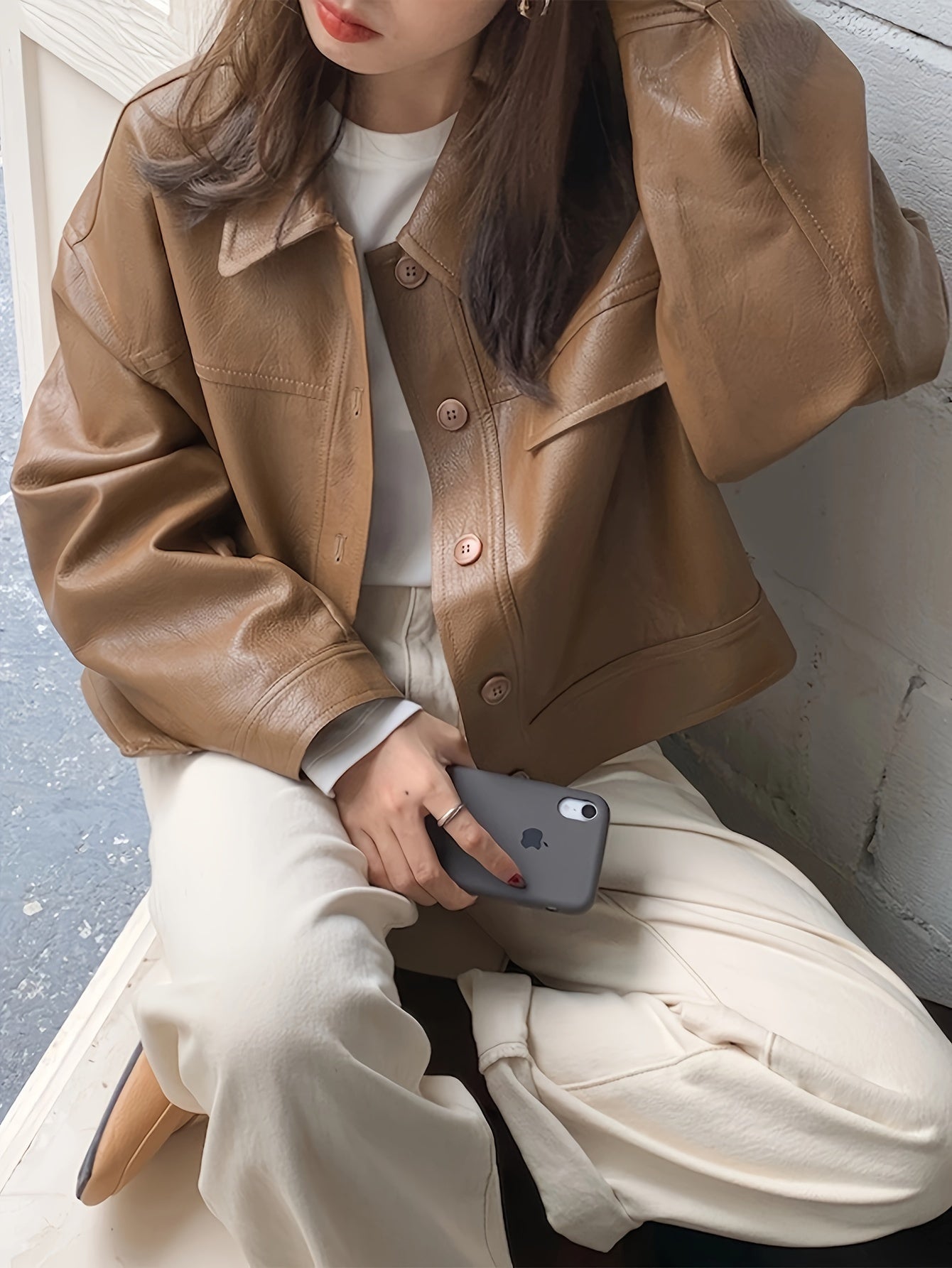 Sixsr Solid Faux Leather Vintage Jacket, Long Sleeve Single Breasted Outwear For Fall & Winter, Women's Clothing