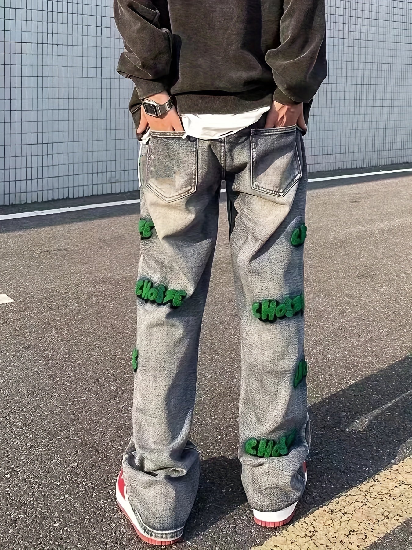 Sixsr Embroidery Cotton Baggy Jeans, Men's Casual Creative Street Style Denim Pants For Spring Summer