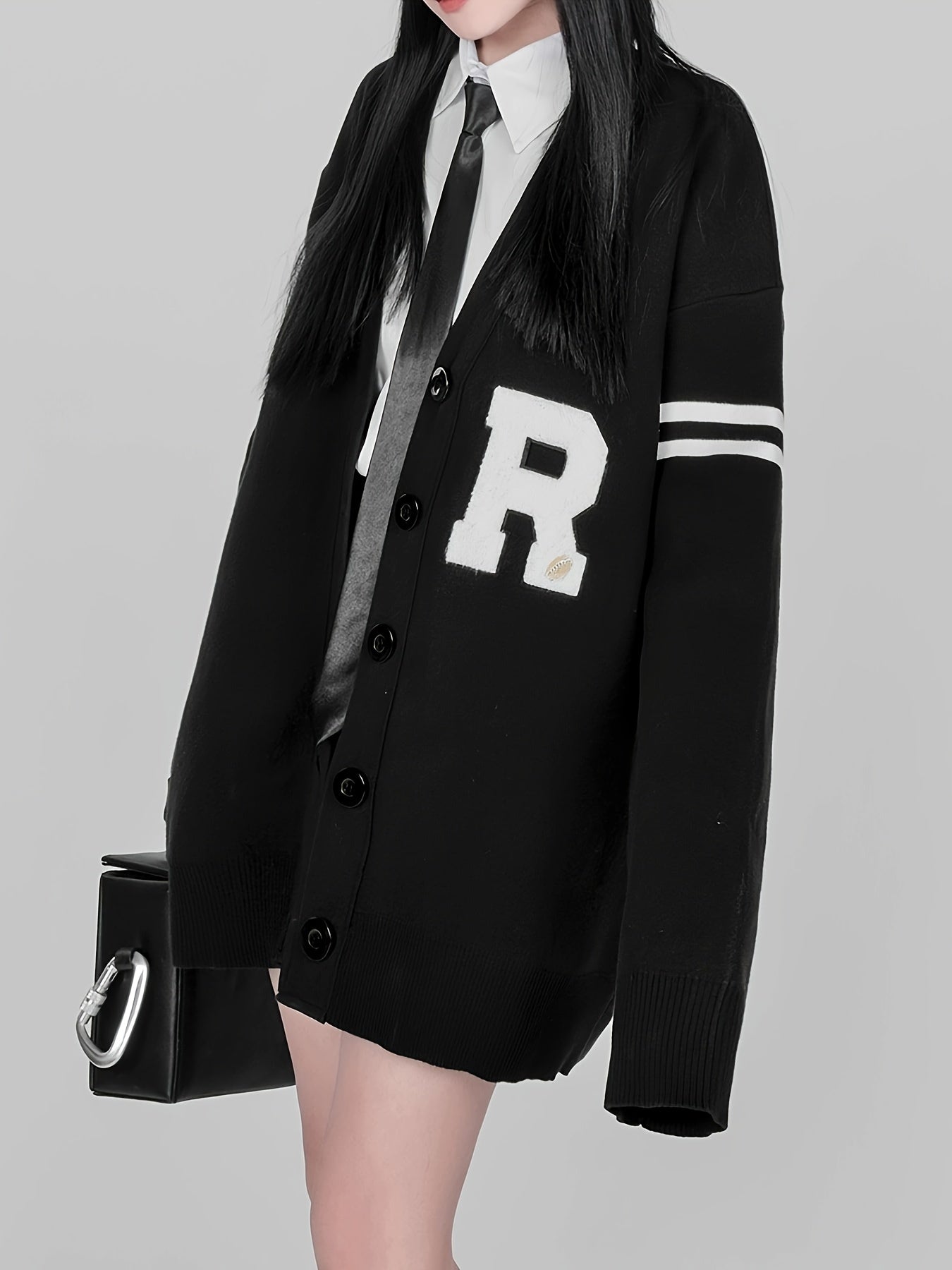 Sixsr Y2K Letter Pattern Button Up Knit Cardigan, Preppy Long Sleeve Loose Sweater, Women's Clothing