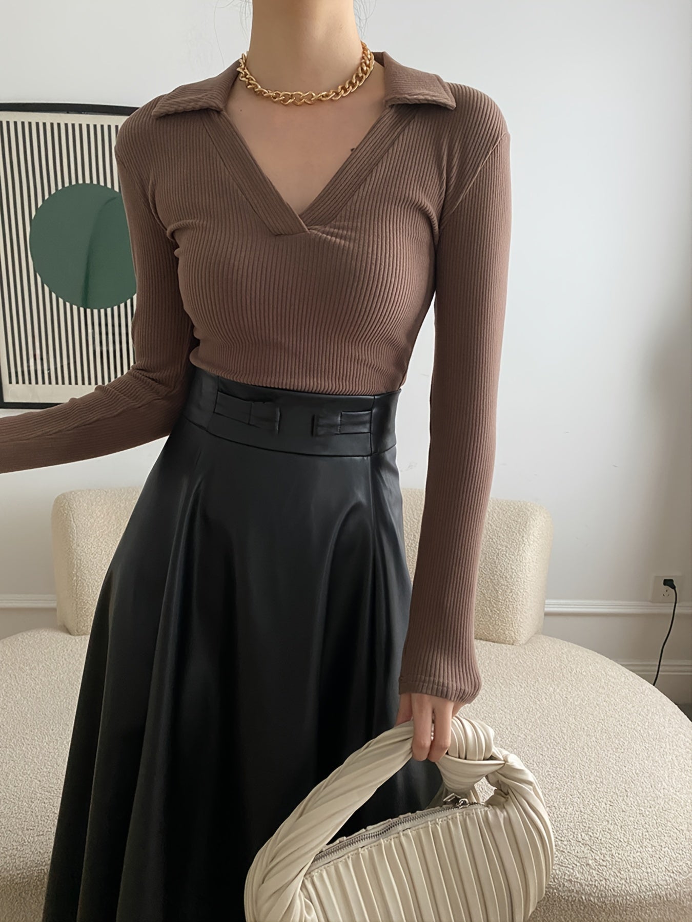 Sixsr Basic Elegant Polo Collar T-Shirt, Solid Casual Stretchy Long Sleeve Top For Spring, Women's Clothing