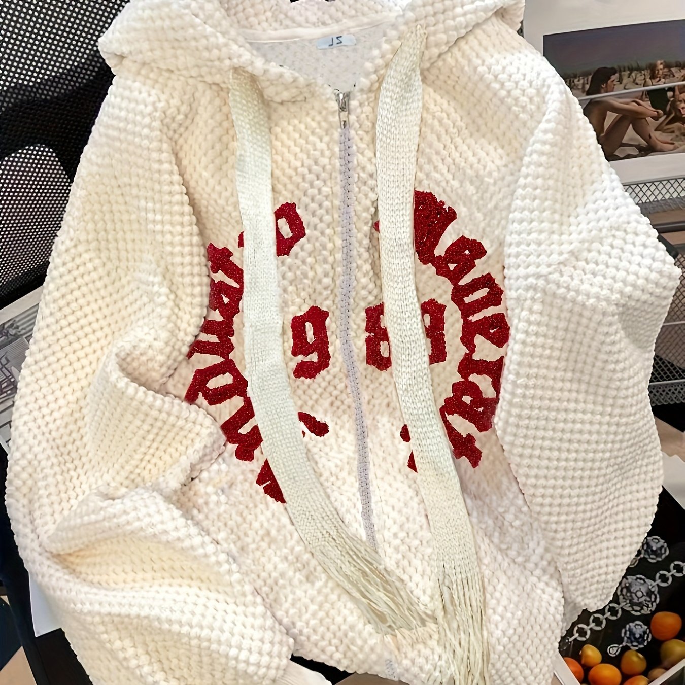 Sixsr Slogan Print Zip-up Textured Hoodie, Casual Long Sleeve Drawstring Hoodie Outerwear, Women's Clothing