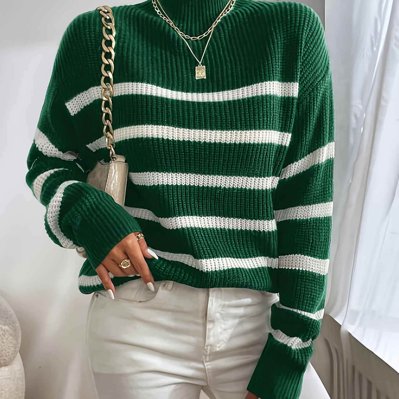 Sixsr Striped Turtle Neck Pullover Sweater, Casual Long Sleeve Sweater, Women's Clothing