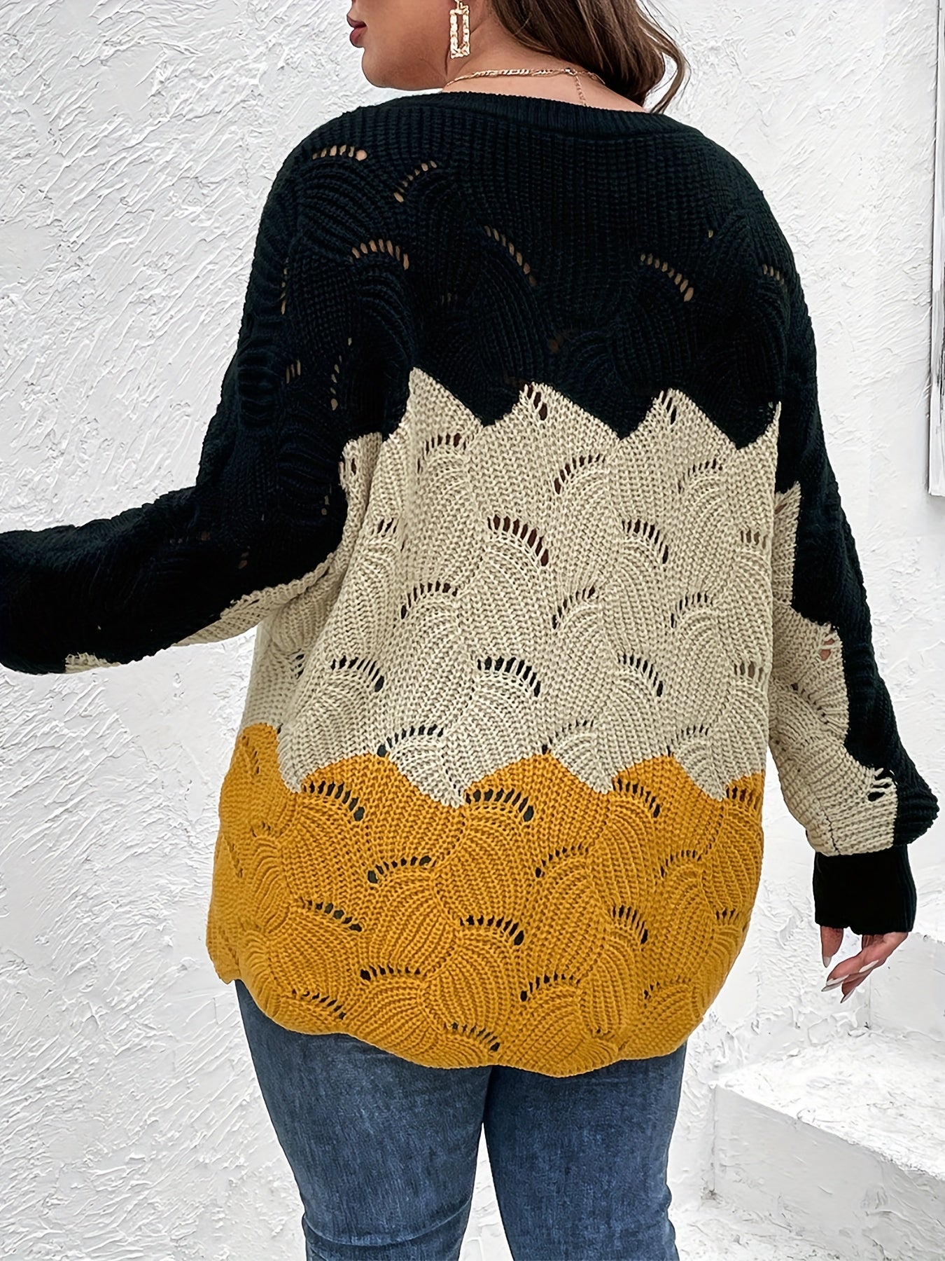 Sixsr Plus Size Colorblock Eyelet Embroidered Boat Collar Sweater, Women's Plus Slight Stretch Casual Sweater