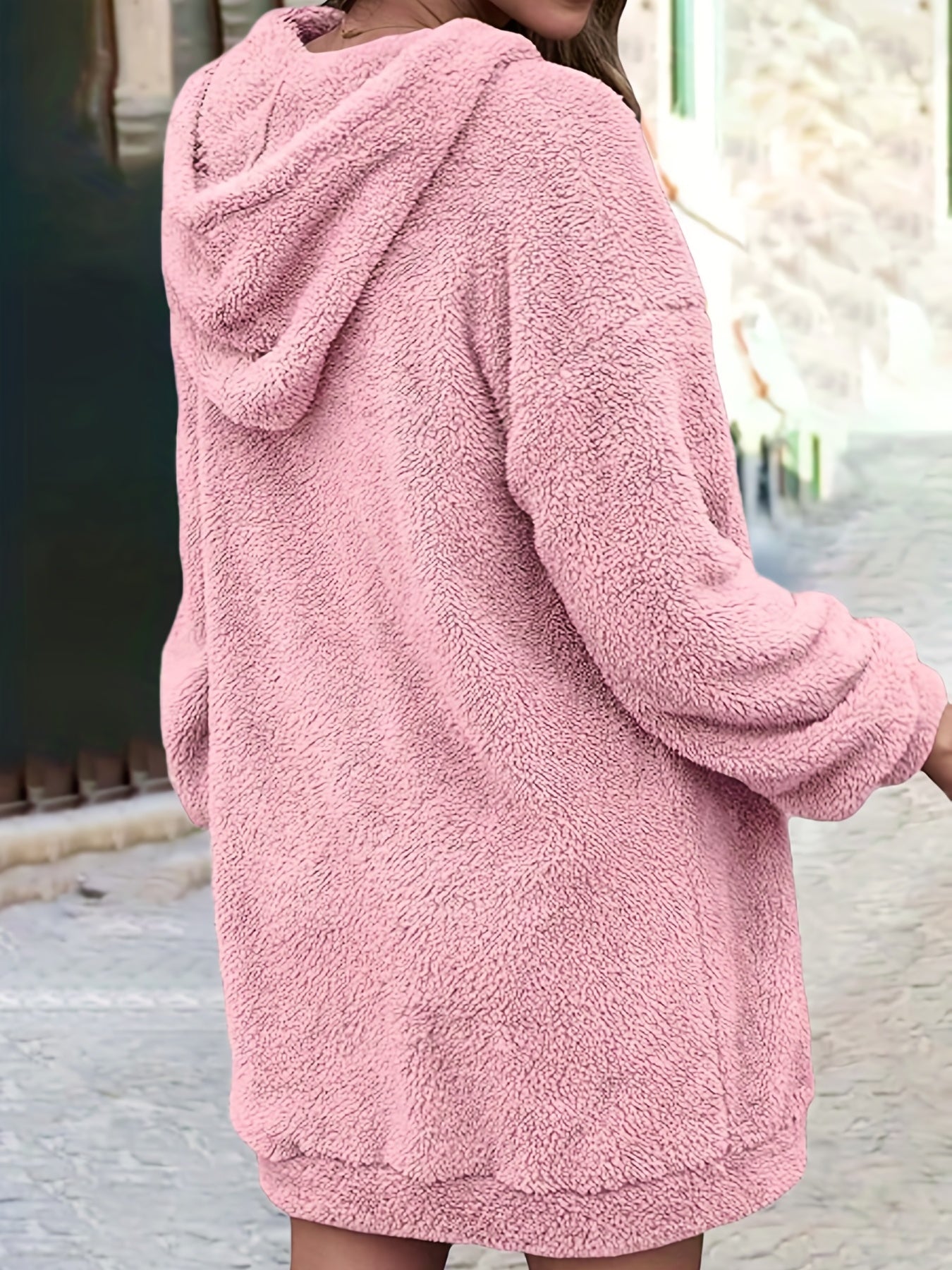 Sixsr Plus Size Casual Top, Women's Plus Solid Fleece Zipper Long Sleeve Hooded Teddy Top With Pockets