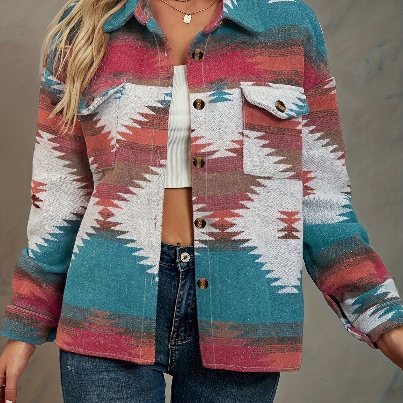 Sixsr Aztec Print Jacket, Casual Button Front Long Sleeve Outerwear, Women's Clothing