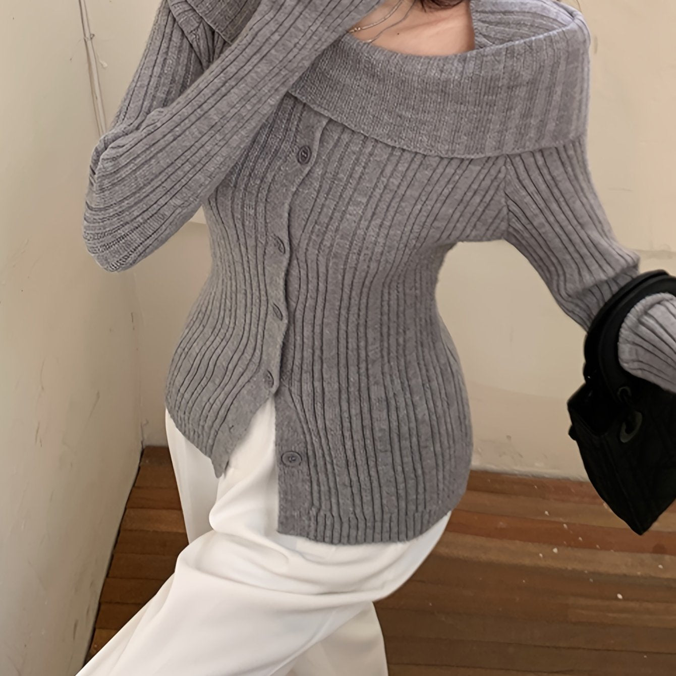 Sixsr Solid Off Shoulder Rib Knit Sweater, Elegant Button Front Long Sleeve Slim Sweater, Women's Clothing