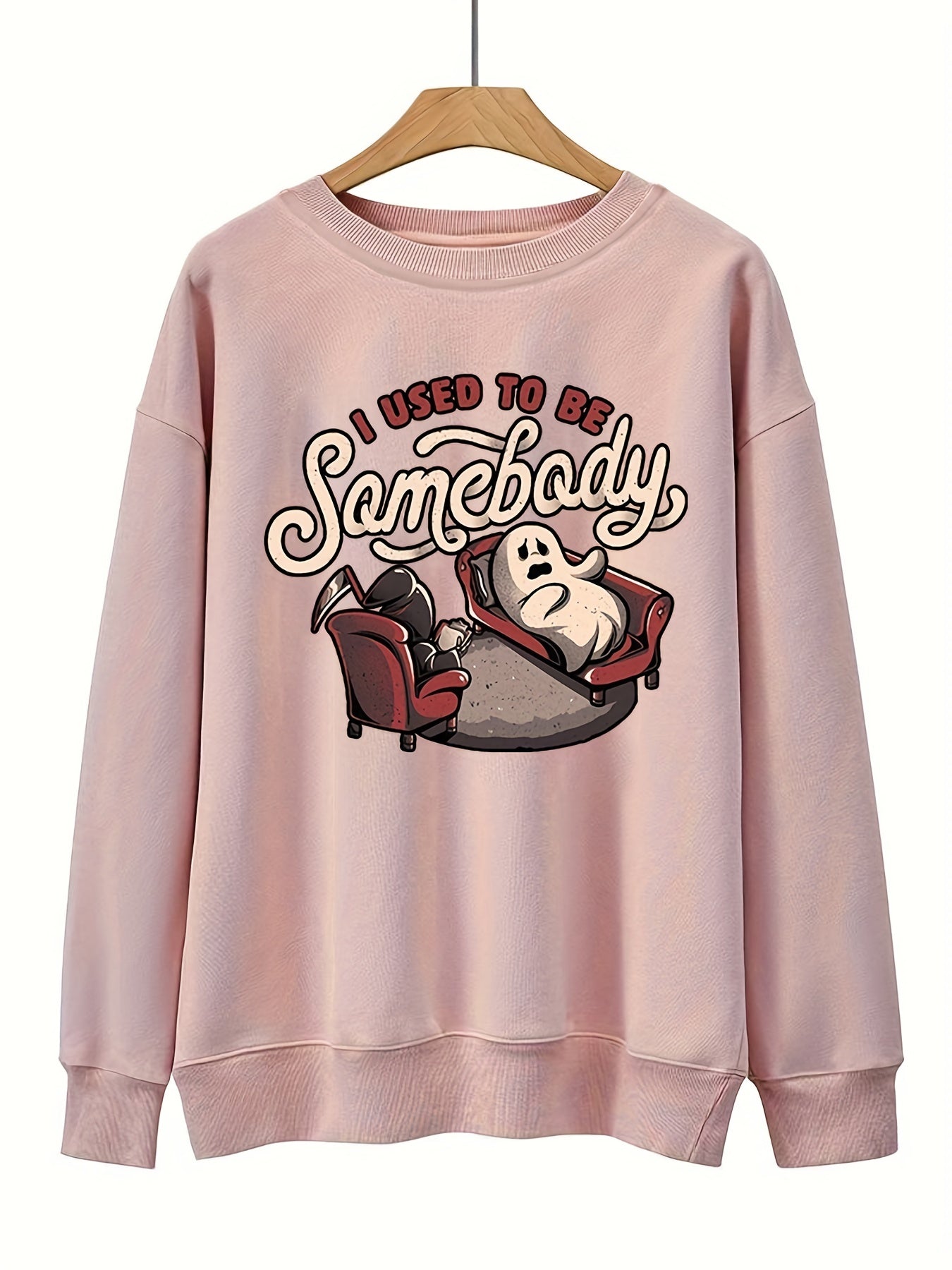 Sixsr Plus Size Halloween Sweatshirt, Women's Plus Funny Ghost & Slogan Print Long Sleeve Round Neck Slight Stretch Party Sweatshirt