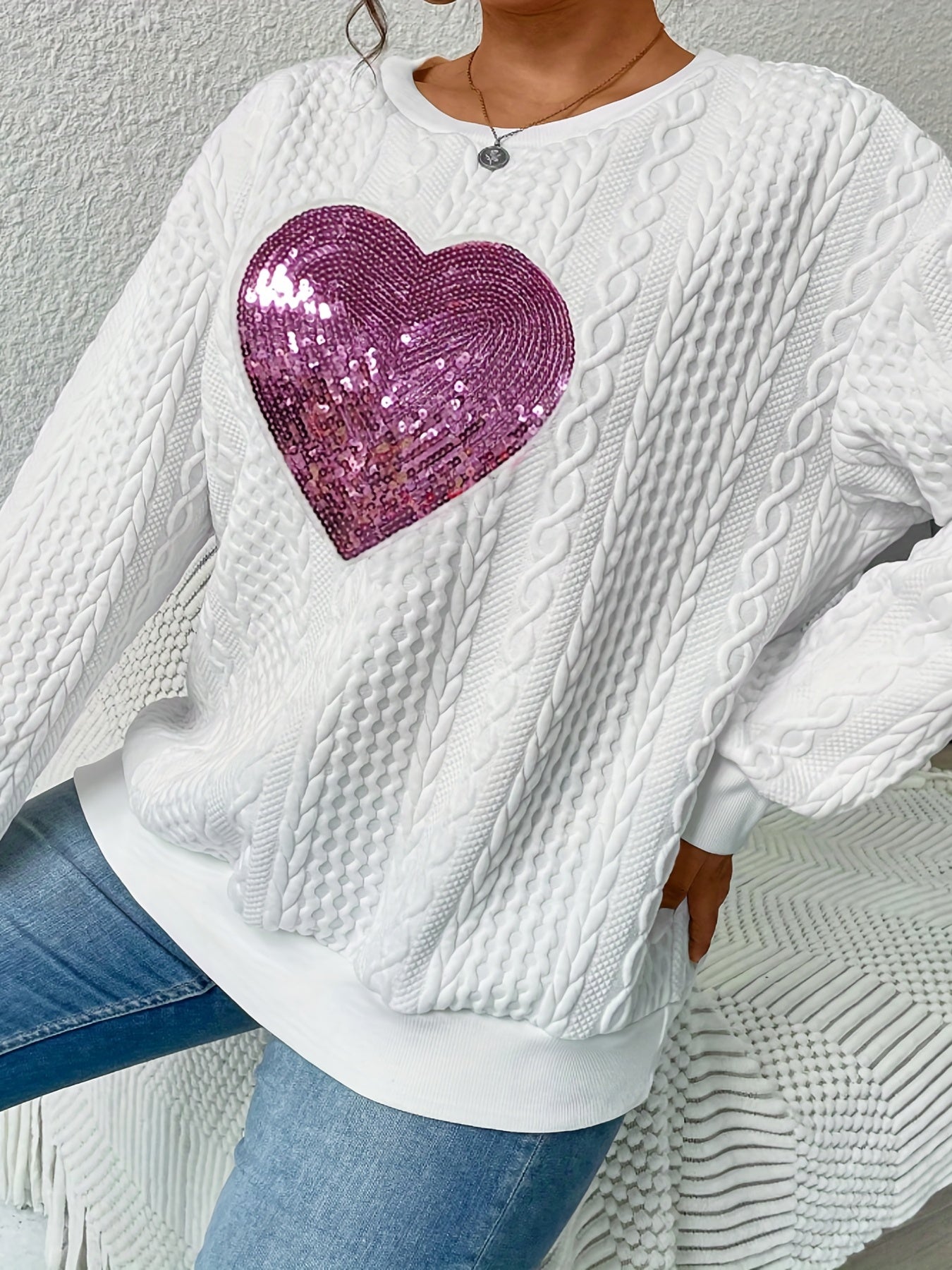 Sixsr Casual Sweatshirt, Women's Plus Sequin Heart Print Cable Long Sleeve Crew Neck Slight Stretch Pullover Sweatshirt Plus Size, Casual Tops For Fall & Winter, Women's Clothing