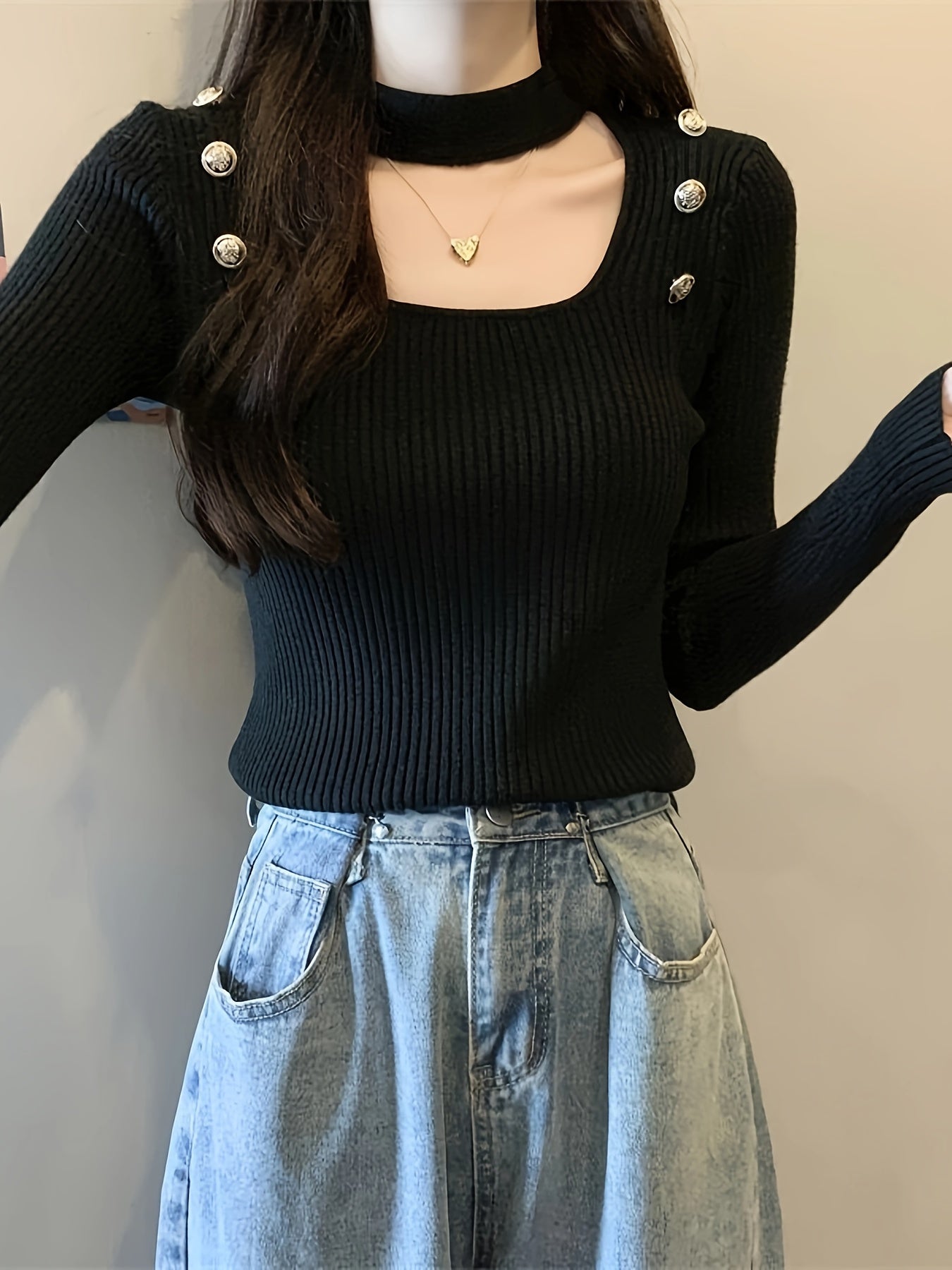 Sixsr Solid Cut Out Rib Knit Top, Casual Button Long Sleeve Slim Sweater, Women's Clothing