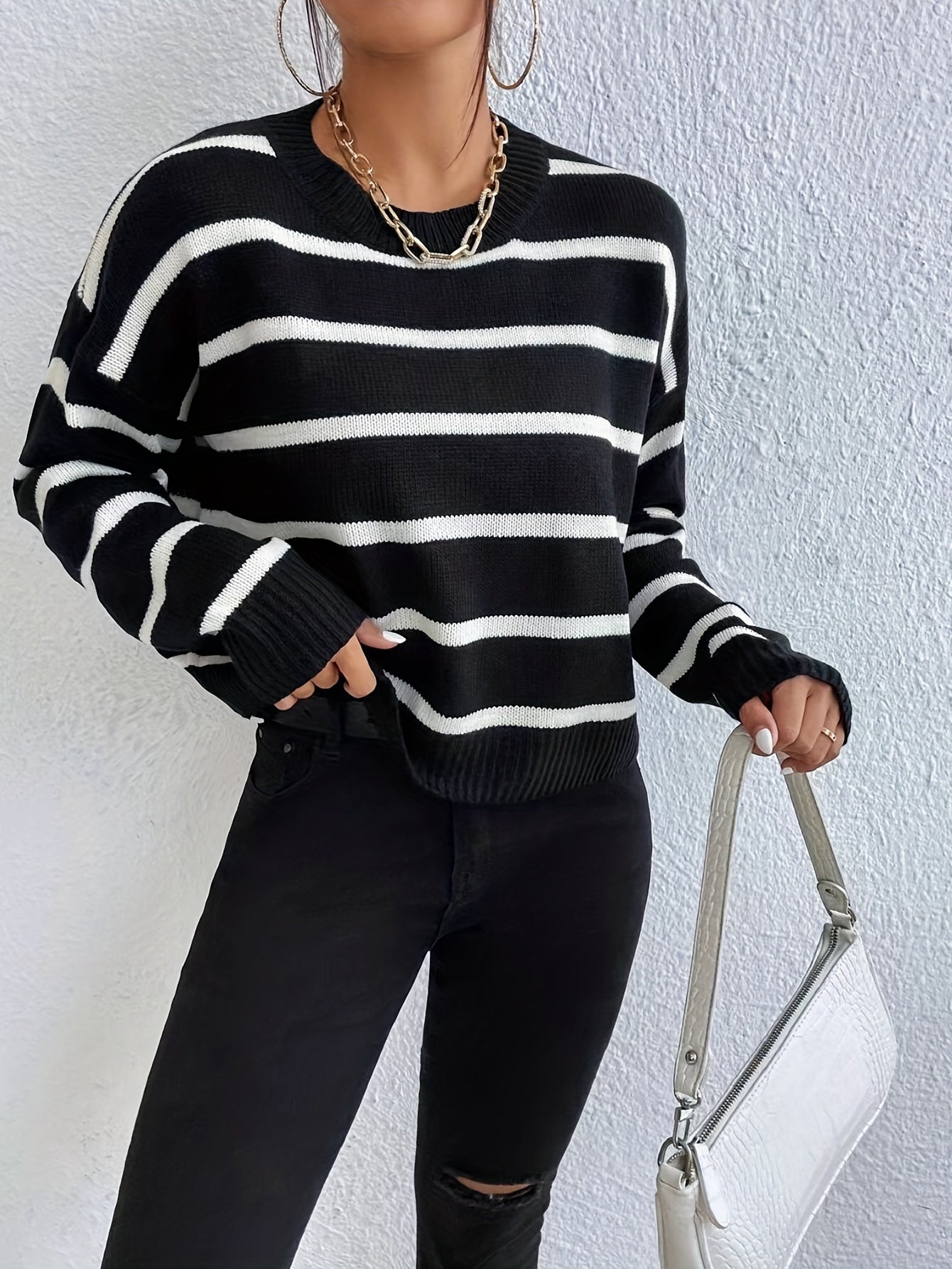 Sixsr Striped Print Drop Shoulder Knit Sweater, Casual Crew Neck Long Sleeve Sweater, Women's Clothing