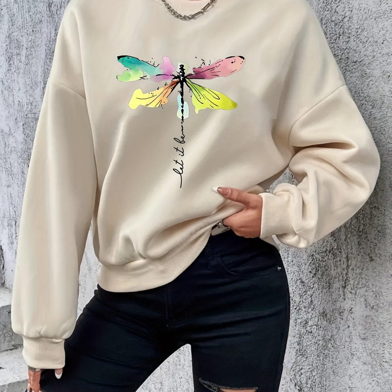 Sixsr Plus Size Casual Sweatshirt, Women's Plus Tie Dye Dragonfly & Letter Print Long Sleeve Round Neck Slight Stretch Sweatshirt