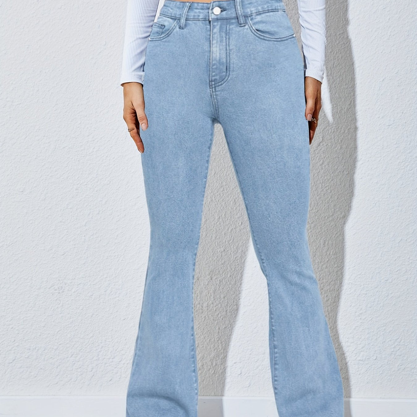 Sixsr High Waist High Strech Light Blue Bootcut Jeans, Zipper Button Closure Flare Leg Causal Denim Pants, Women's Denim Jeans & Clothing