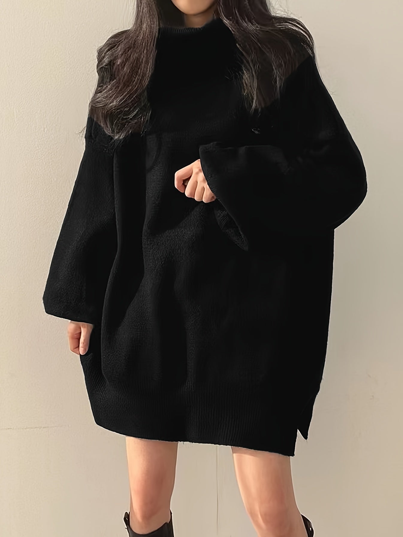 Sixsr Solid Turtle Neck Oversized Sweater, Casual Long Sleeve Split Sweater, Women's Clothing