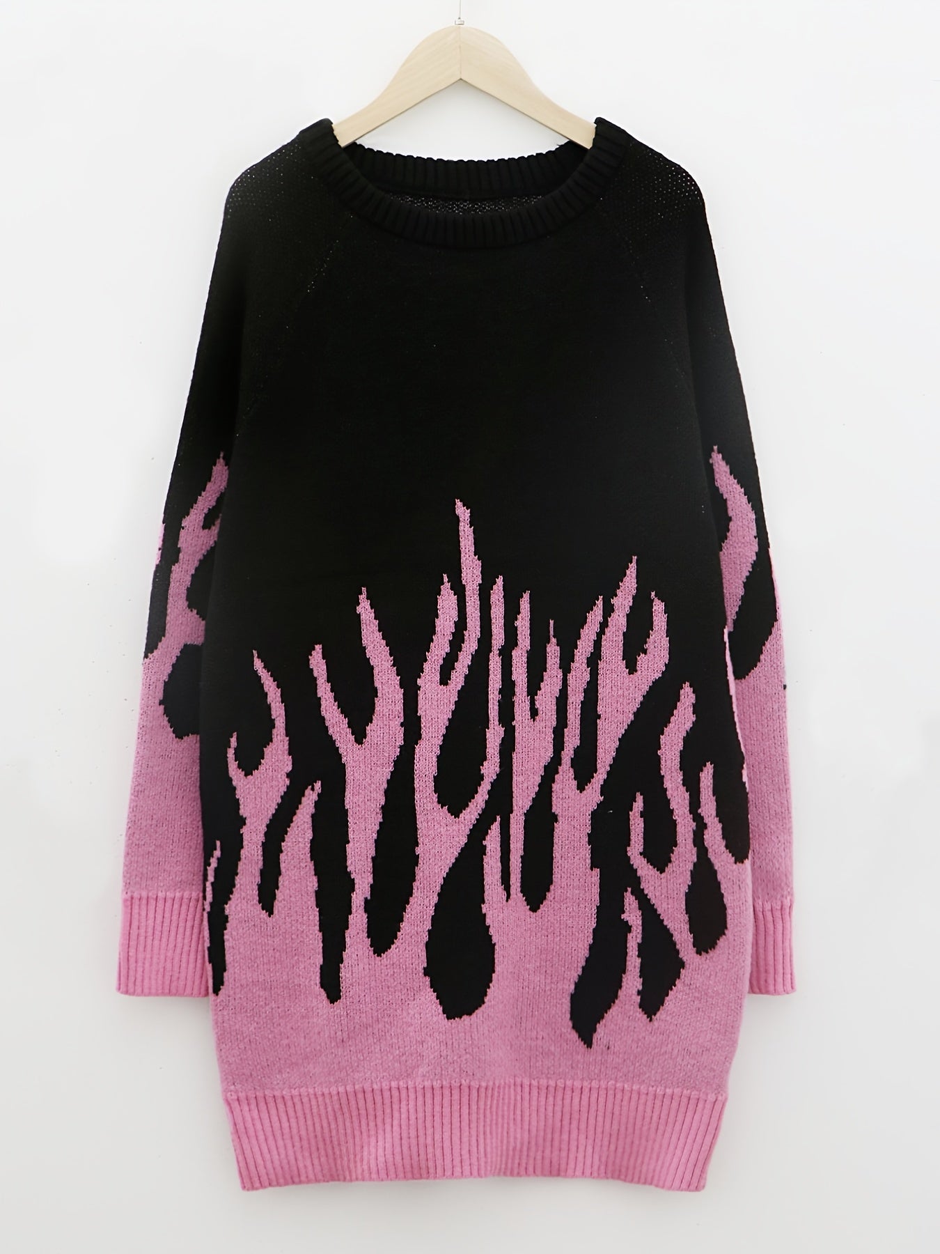 Flame Pattern Sweater Dress, Casual Crew Neck Long Sleeve Dress, Women's Clothing