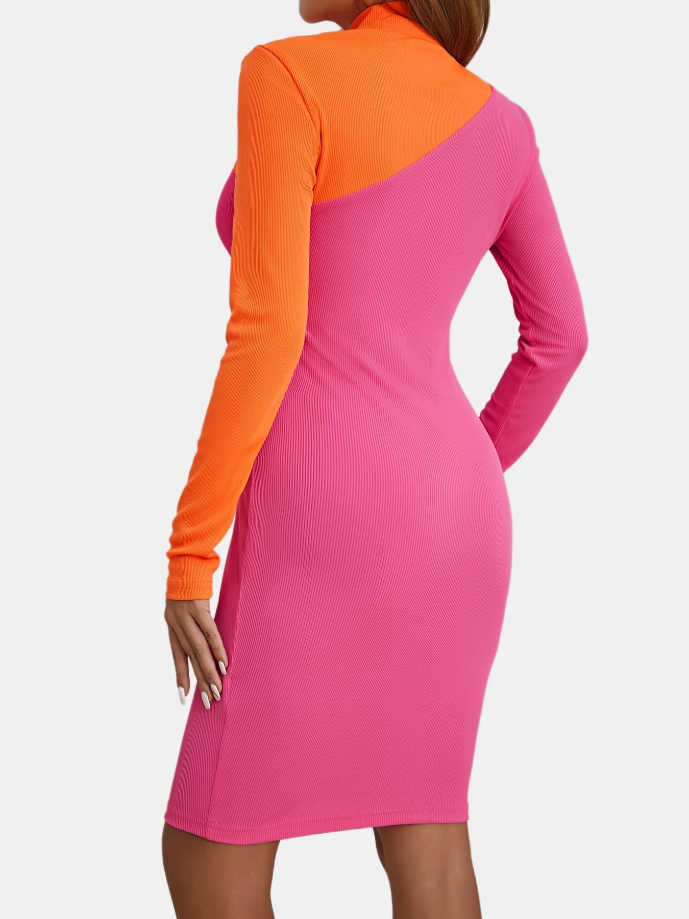 Sixsr Sexy Color Block Turtle Neck Dress, Sexy Skinny Stretchy Long Sleeve Dress, Women's Clothing