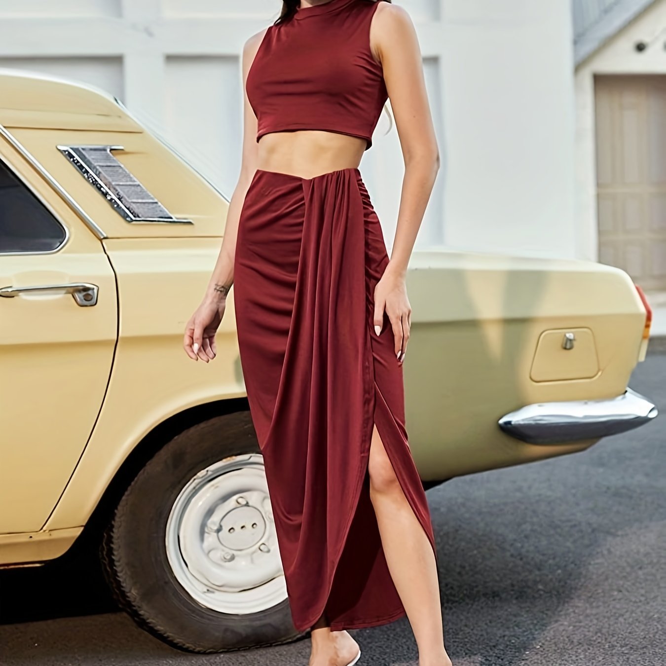 Two-piece Skirt Set, Crop Tank Top & Ruched Split Front Skirt Outfits, Women's Clothing