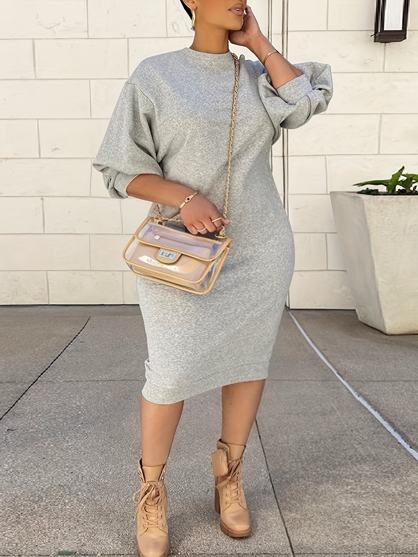 Sixsr Solid Simple Midi Dress, Casual Crew Neck Bodycon Dress, Women's Clothing