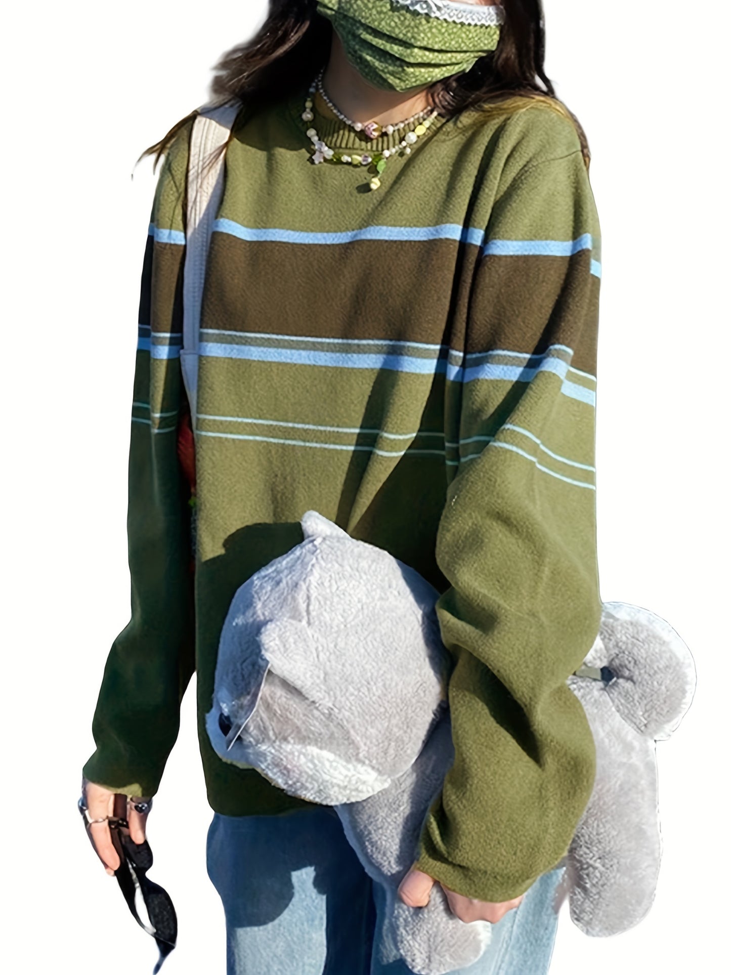 Sixsr Striped Print Knit Sweater, Casual Crew Neck Long Sleeve Sweater, Women's Clothing