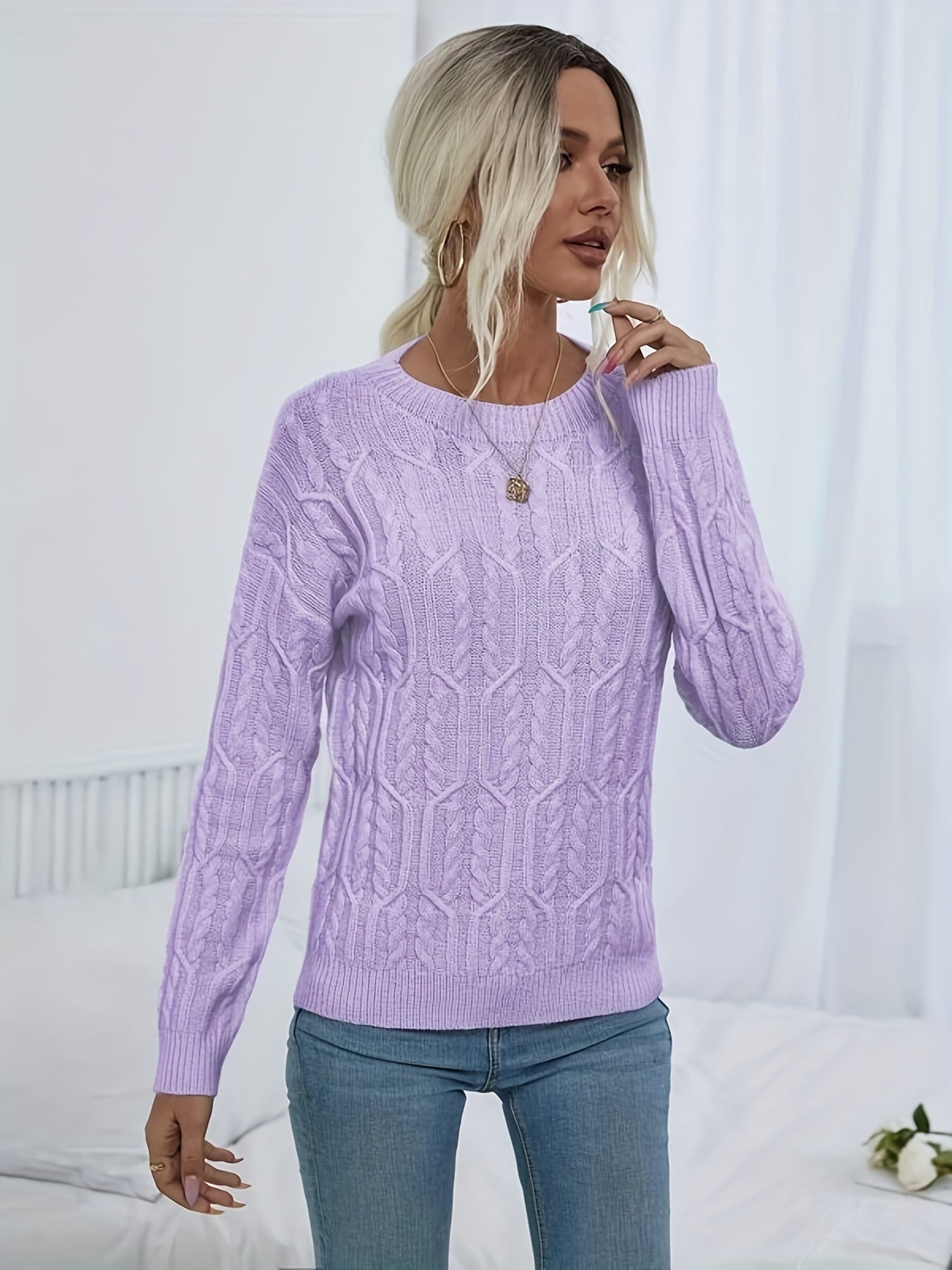 Sixsr Twist Pattern Crew Neck Sweater, Casual Long Sleeve Sweater For Fall & Winter, Women's Clothing