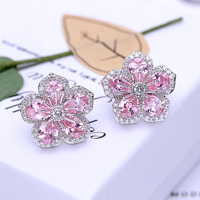 2025 Korean fashion temperament earrings fringed personalized color zircon earrings S925 silver needle three-dimensional flower stud earrings women