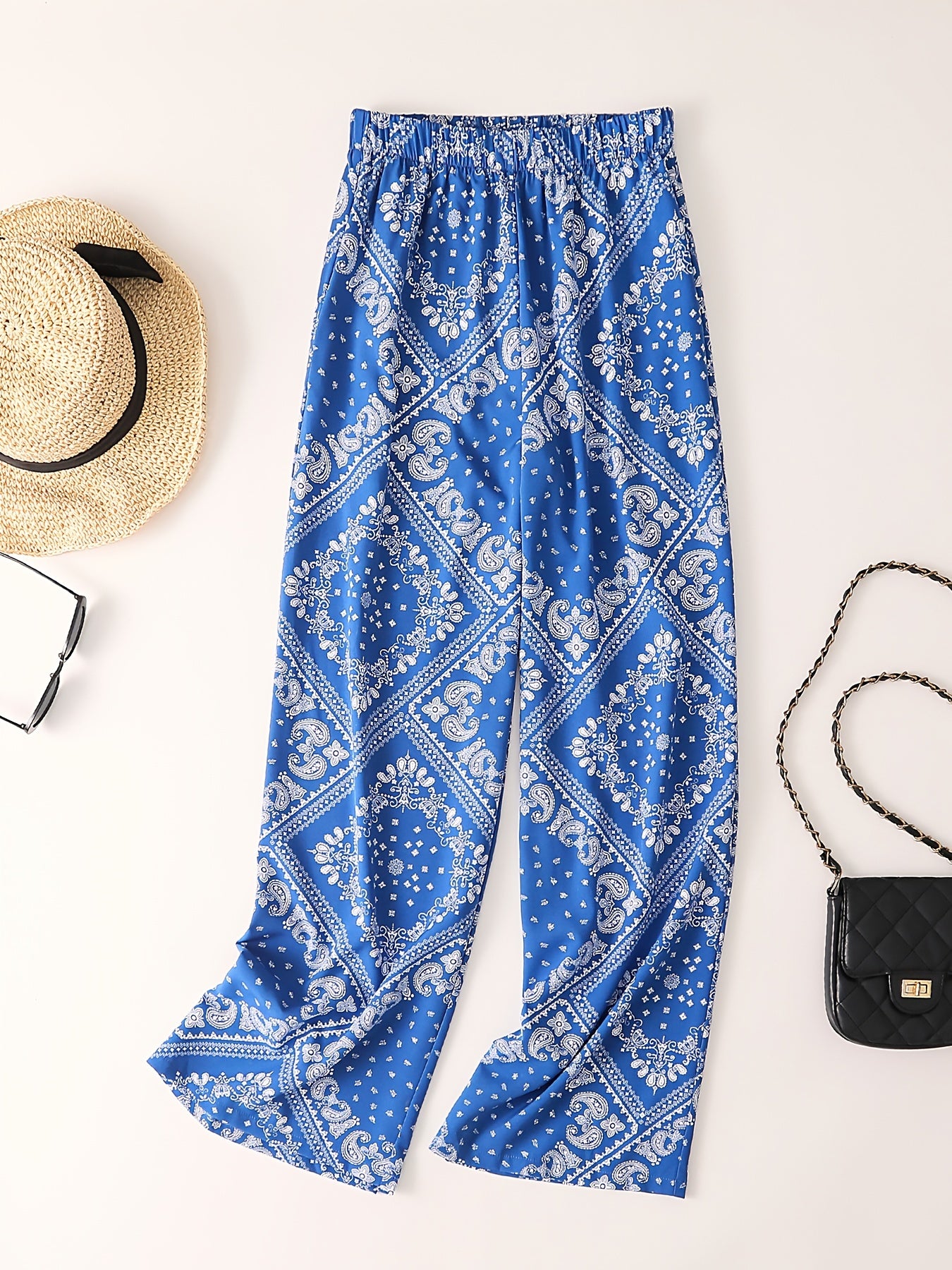 Paisley Scarf Print Wide Leg Pants, Boho Casual Loose Pants For Spring & Summer, Women's Clothing