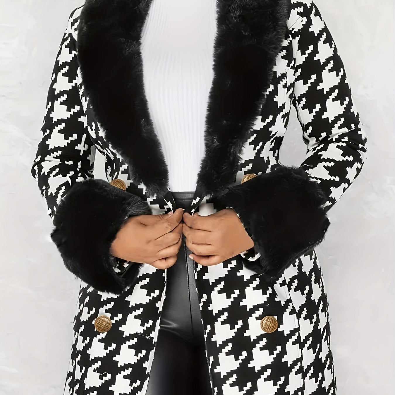 Sixsr Houndstooth Faux-Fur Trim Outwear, Elegant Double Breasted Long Sleeve Belted Coat For Winter, Women's Clothing