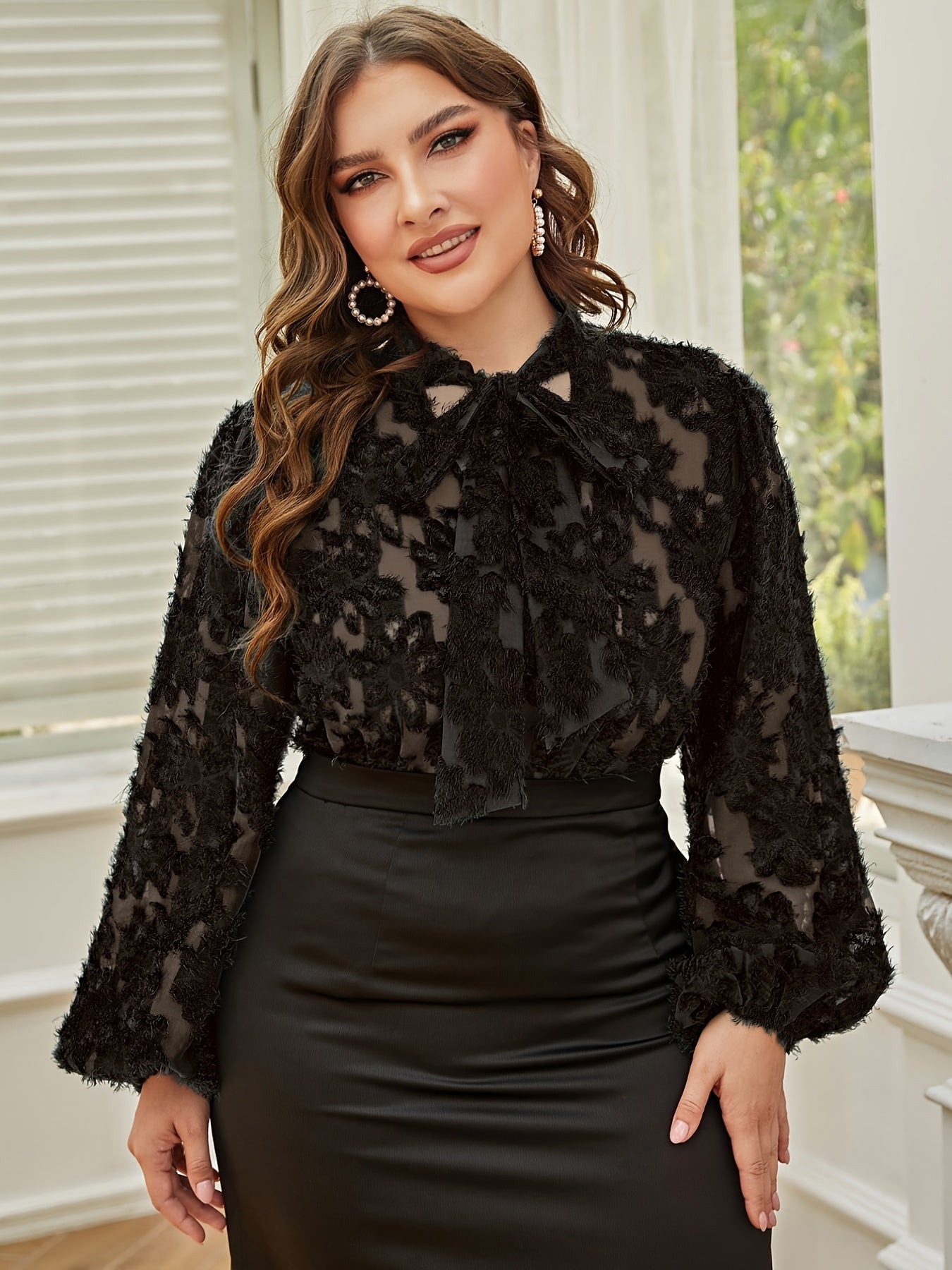 Sixsr Plus Size Elegant Top, Women's Plus Bow Front Fuzzy Long Sleeve Slight Stretch Blouse