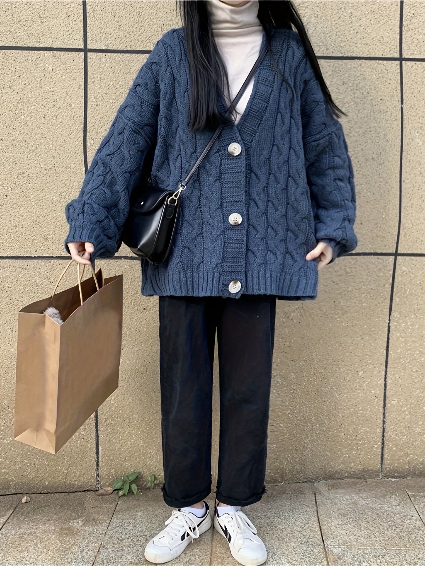 Sixsr Button Front Twist Knitted Cardigan Sweater, Casual V-neck Sweater For Fall & Winter, Women's Clothing
