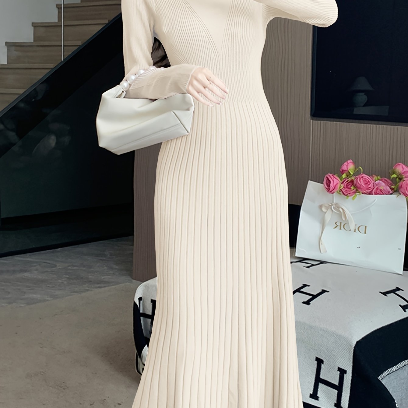 Sixsr Solid Color Long Sleeve Knit Dress, Chic Long Sleeve Crew Neck A-line Dress, Women's Clothing